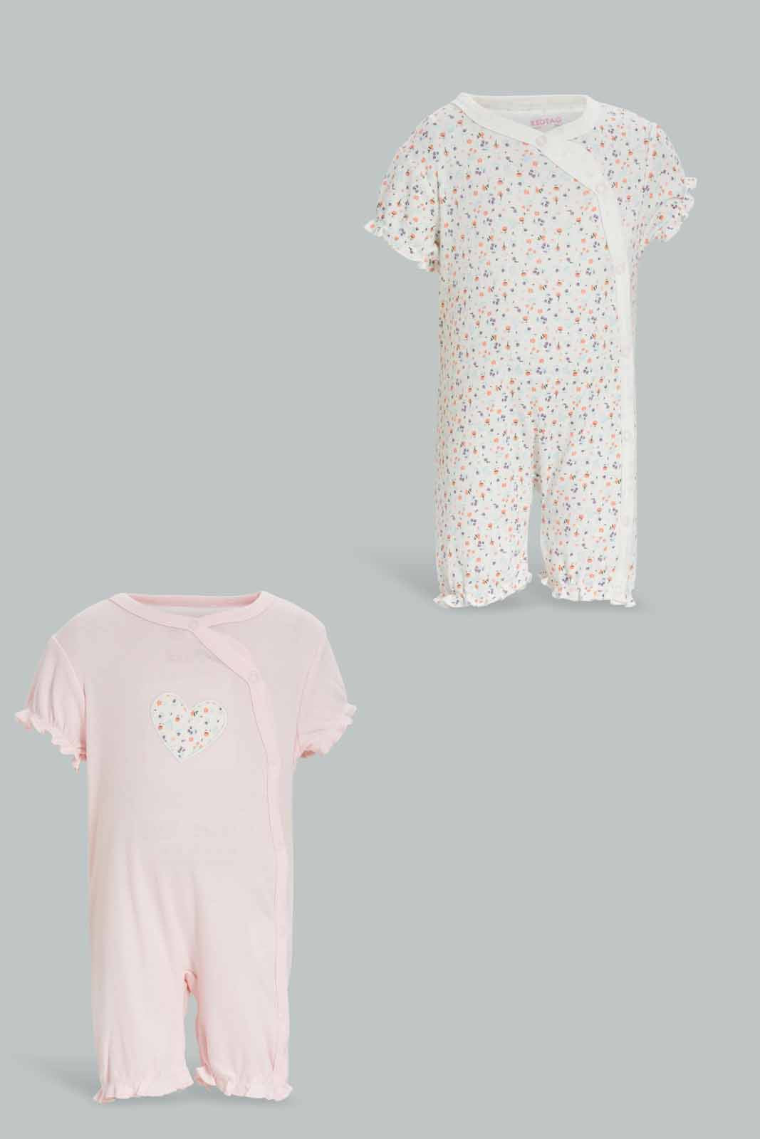 Redtag-Pink-Floral-2-Piece-Pack-Rompers-Category:Rompers,-Colour:Apricot,-Deals:New-In,-Dept:New-Born,-Filter:Baby-(0-to-12-Mths),-NBG-Rompers,-New-In-NBG-APL,-Non-Sale,-Section:Girls-(0-to-14Yrs),-W22A-Baby-0 to 12 Months