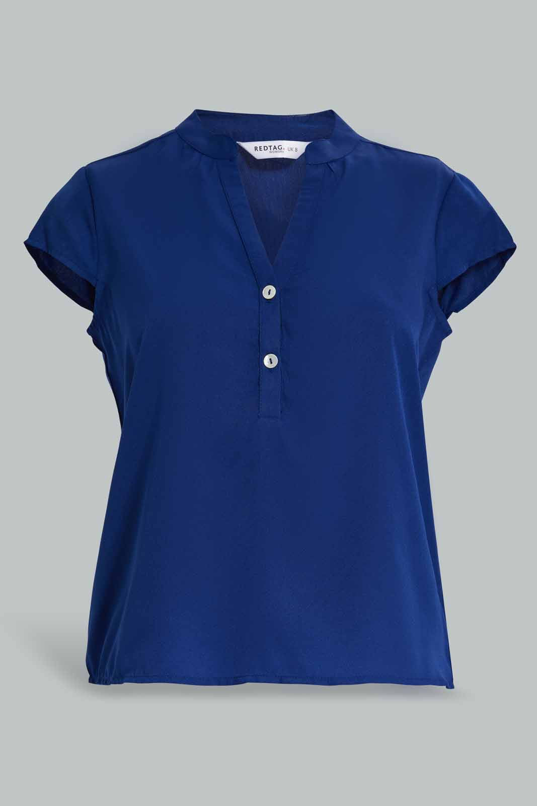 Redtag-NAVY-Printed-Placket-Detail-Blouse-Category:Blouses,-Colour:Navy,-Deals:New-In,-Filter:Women's-Clothing,-New-In-Women-APL,-Non-Sale,-Section:Women,-W22A,-Women-Blouses-Women's-