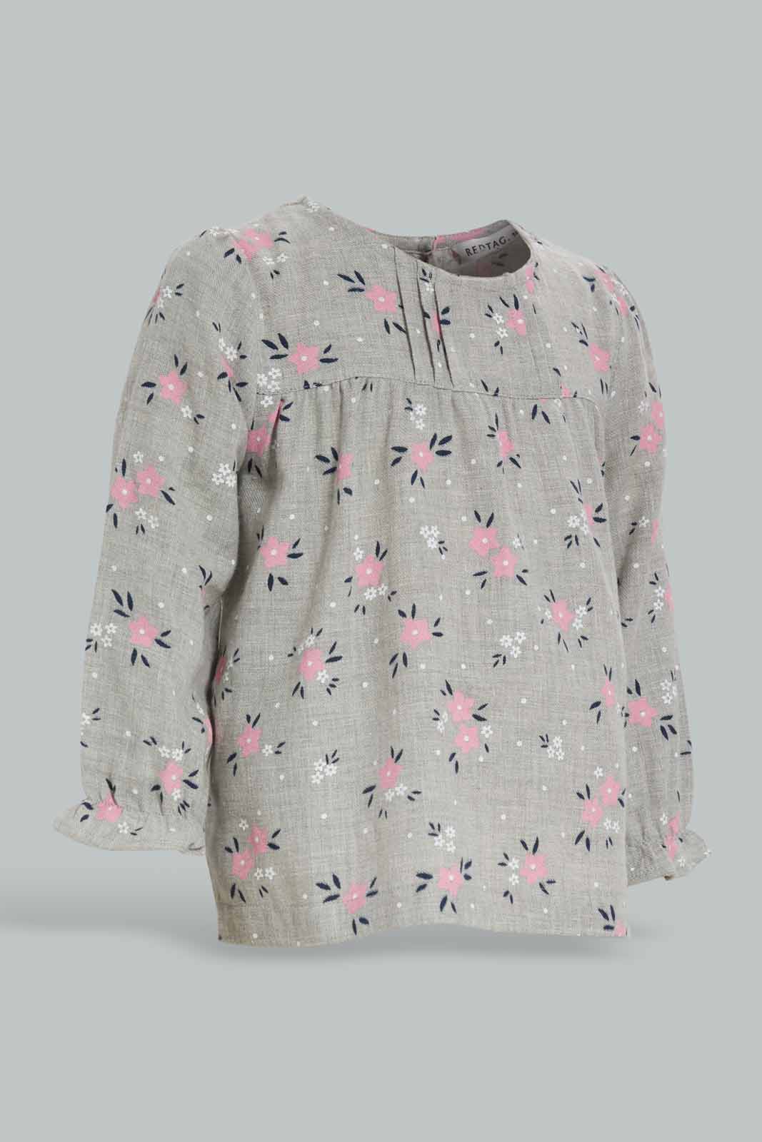 Redtag-Grey-Melange-Floral-AOP-Peterpan-Collar-Blouse-Category:Blouses,-Colour:Grey,-Deals:New-In,-Filter:Infant-Girls-(3-to-24-Mths),-ING-Blouses,-New-In-ING-APL,-Non-Sale,-Section:Girls-(0-to-14Yrs),-W22B-Infant-Girls-3 to 24 Months