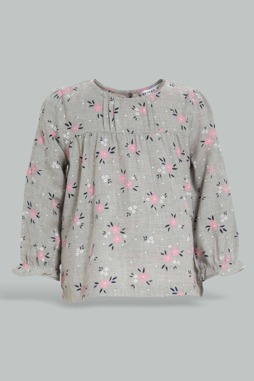 Redtag-Grey-Melange-Floral-AOP-Peterpan-Collar-Blouse-Category:Blouses,-Colour:Grey,-Deals:New-In,-Filter:Infant-Girls-(3-to-24-Mths),-ING-Blouses,-New-In-ING-APL,-Non-Sale,-Section:Girls-(0-to-14Yrs),-W22B-Infant-Girls-3 to 24 Months