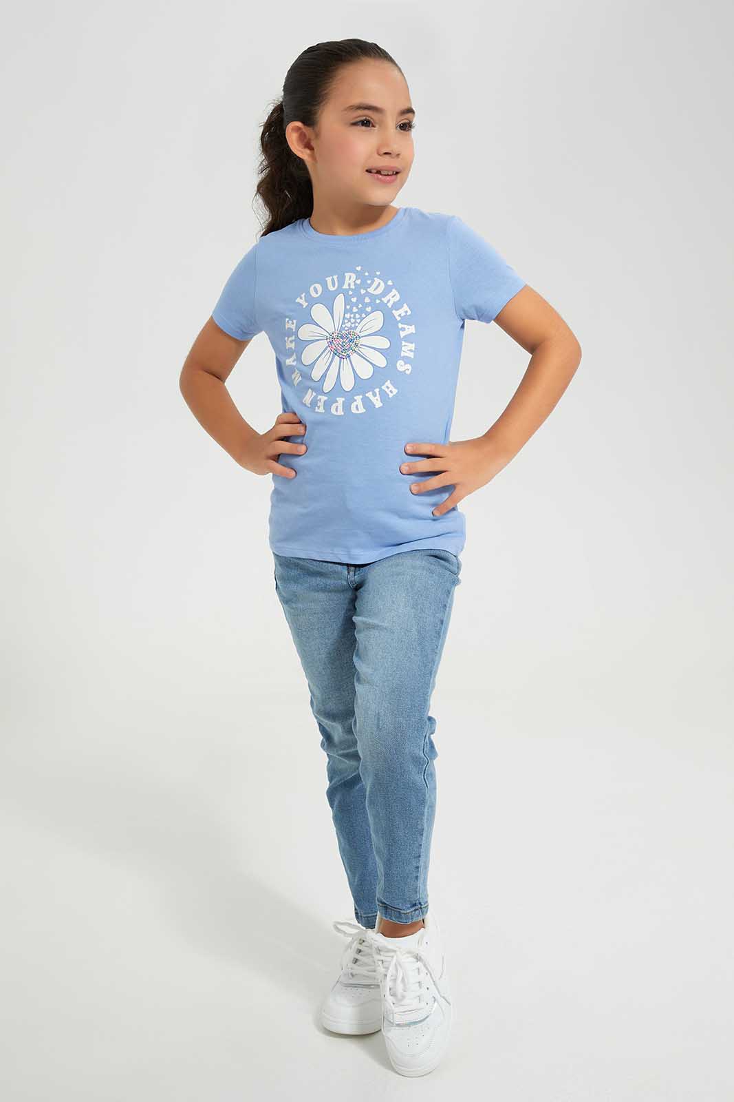 Redtag-Blue-Novelty-Glittle-Flower-Category:T-Shirts,-Colour:Blue,-Deals:New-In,-Filter:Girls-(2-to-8-Yrs),-GIR-T-Shirts,-New-In-GIR-APL,-Non-Sale,-Section:Girls-(0-to-14Yrs),-TBL,-W22A-Girls-2 to 8 Years