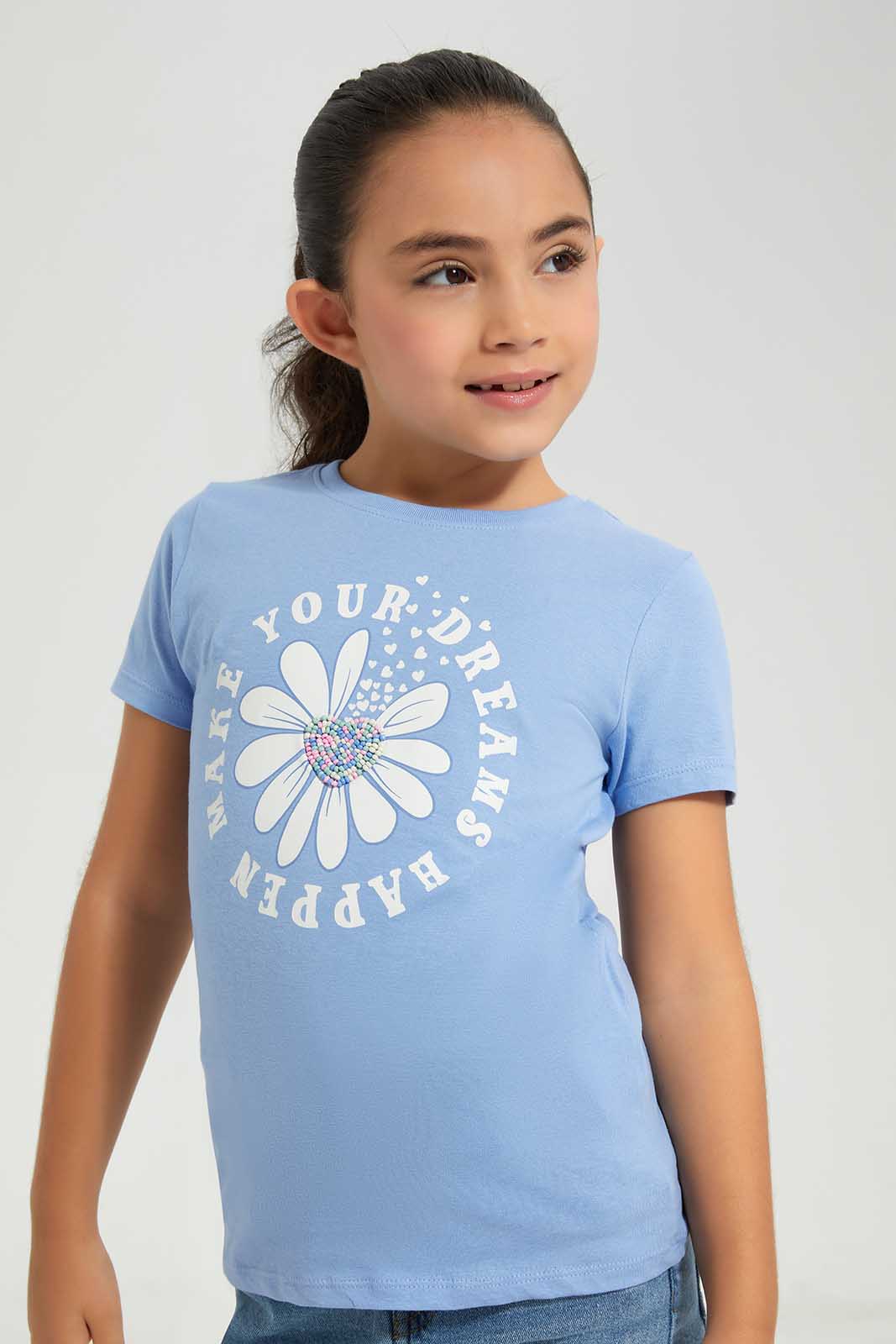 Redtag-Blue-Novelty-Glittle-Flower-Category:T-Shirts,-Colour:Blue,-Deals:New-In,-Filter:Girls-(2-to-8-Yrs),-GIR-T-Shirts,-New-In-GIR-APL,-Non-Sale,-Section:Girls-(0-to-14Yrs),-TBL,-W22A-Girls-2 to 8 Years