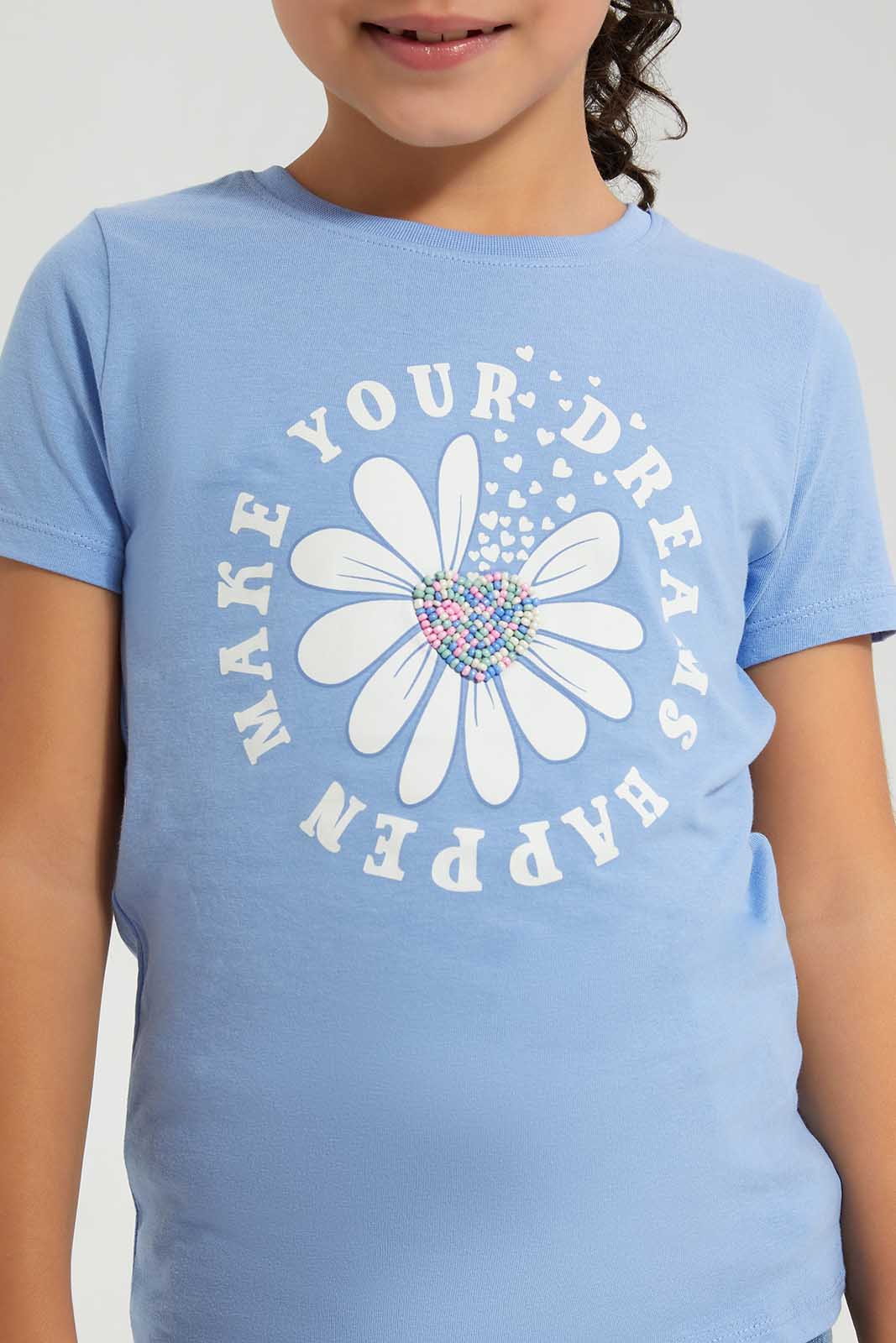 Redtag-Blue-Novelty-Glittle-Flower-Category:T-Shirts,-Colour:Blue,-Deals:New-In,-Filter:Girls-(2-to-8-Yrs),-GIR-T-Shirts,-New-In-GIR-APL,-Non-Sale,-Section:Girls-(0-to-14Yrs),-TBL,-W22A-Girls-2 to 8 Years