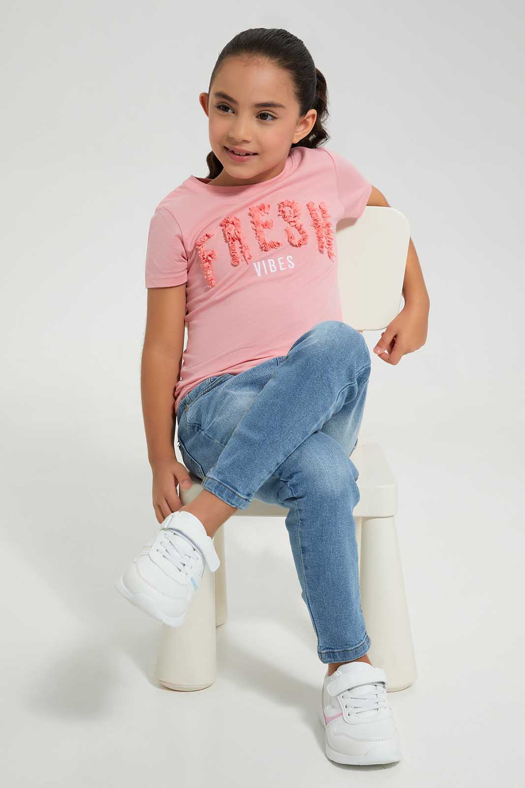 Redtag-Pink-Novelty---Applique-Category:T-Shirts,-Colour:Apricot,-Deals:New-In,-Filter:Girls-(2-to-8-Yrs),-GIR-T-Shirts,-New-In-GIR-APL,-Non-Sale,-Section:Girls-(0-to-14Yrs),-TBL,-W22A-Girls-2 to 8 Years