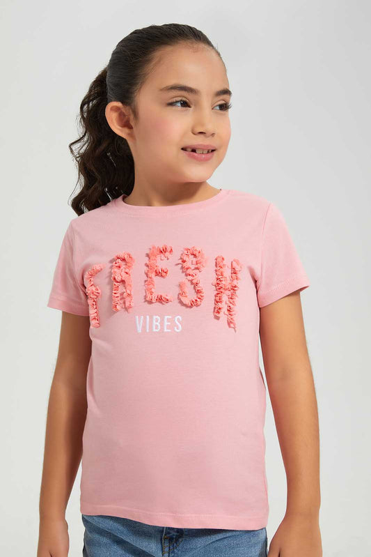 Redtag-Pink-Novelty---Applique-Category:T-Shirts,-Colour:Apricot,-Deals:New-In,-Filter:Girls-(2-to-8-Yrs),-GIR-T-Shirts,-New-In-GIR-APL,-Non-Sale,-Section:Girls-(0-to-14Yrs),-TBL,-W22A-Girls-2 to 8 Years