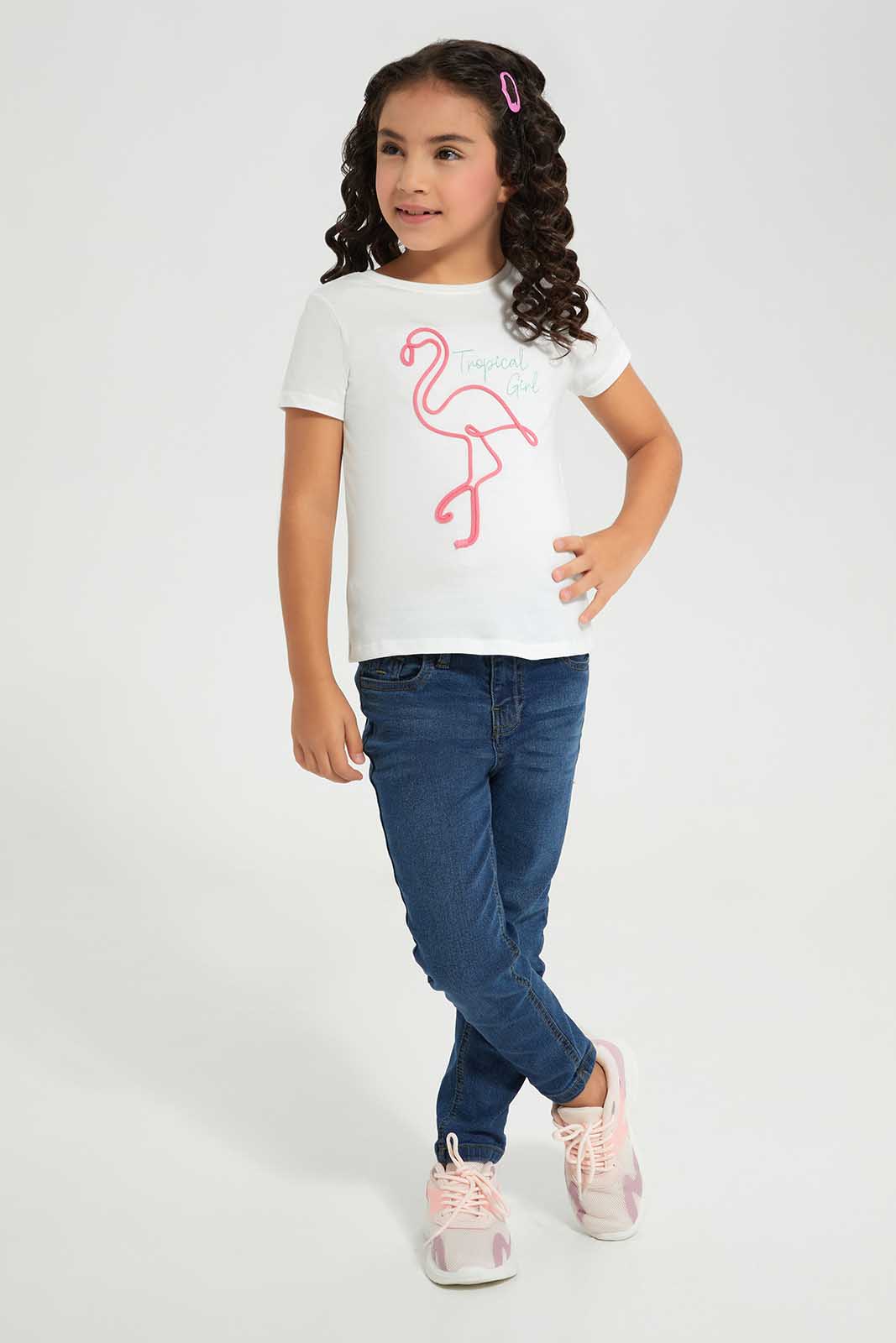 Redtag-White-Novelty-Rope-Applique---White-/-Green-Tre-Category:T-Shirts,-Colour:White,-Deals:New-In,-Filter:Girls-(2-to-8-Yrs),-GIR-T-Shirts,-New-In-GIR-APL,-Non-Sale,-Section:Girls-(0-to-14Yrs),-TBL,-W22A-Girls-2 to 8 Years