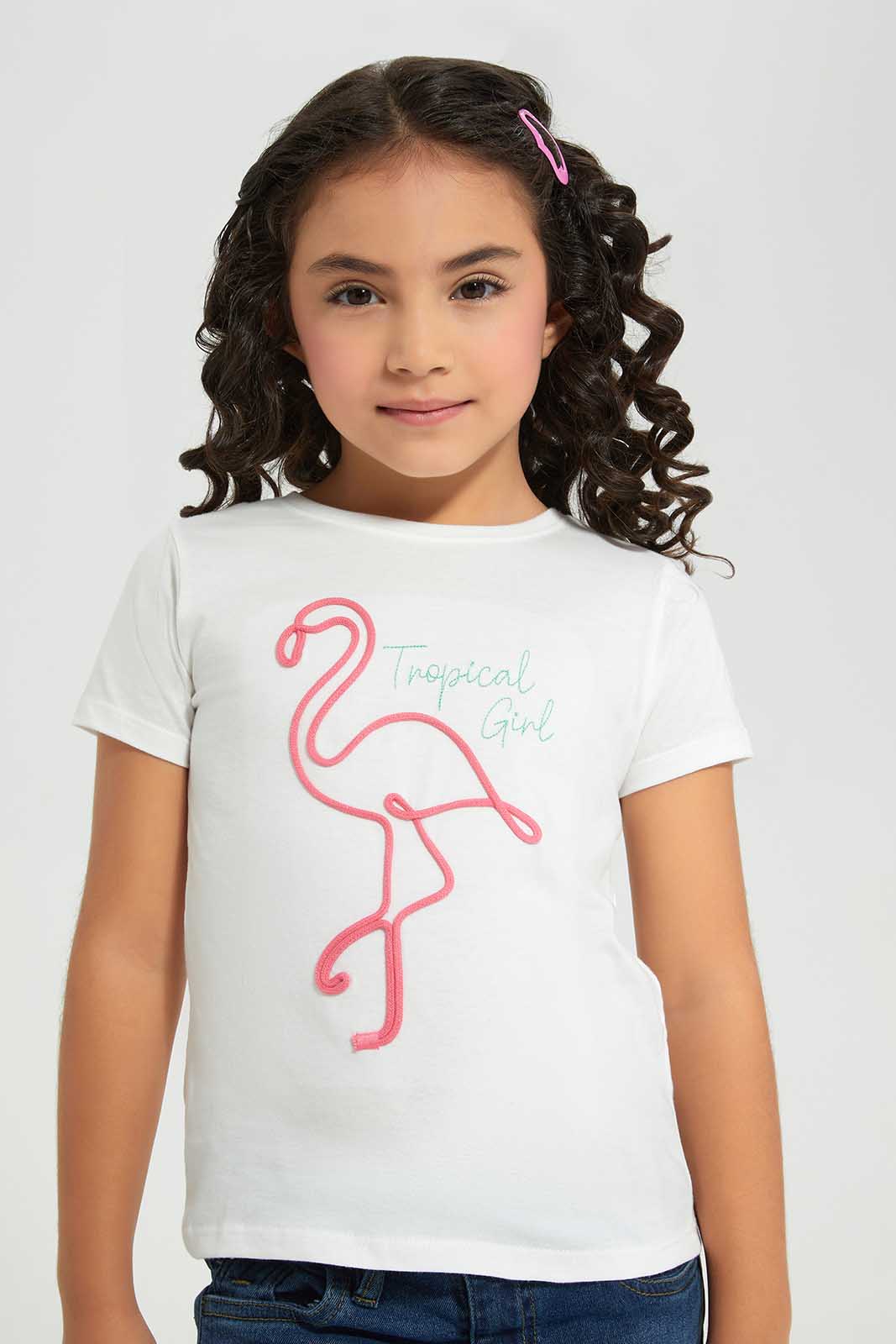 Redtag-White-Novelty-Rope-Applique---White-/-Green-Tre-Category:T-Shirts,-Colour:White,-Deals:New-In,-Filter:Girls-(2-to-8-Yrs),-GIR-T-Shirts,-New-In-GIR-APL,-Non-Sale,-Section:Girls-(0-to-14Yrs),-TBL,-W22A-Girls-2 to 8 Years