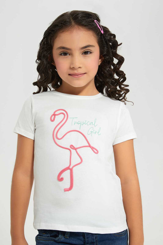 Redtag-White-Novelty-Rope-Applique---White-/-Green-Tre-Category:T-Shirts,-Colour:White,-Deals:New-In,-Filter:Girls-(2-to-8-Yrs),-GIR-T-Shirts,-New-In-GIR-APL,-Non-Sale,-Section:Girls-(0-to-14Yrs),-TBL,-W22A-Girls-2 to 8 Years
