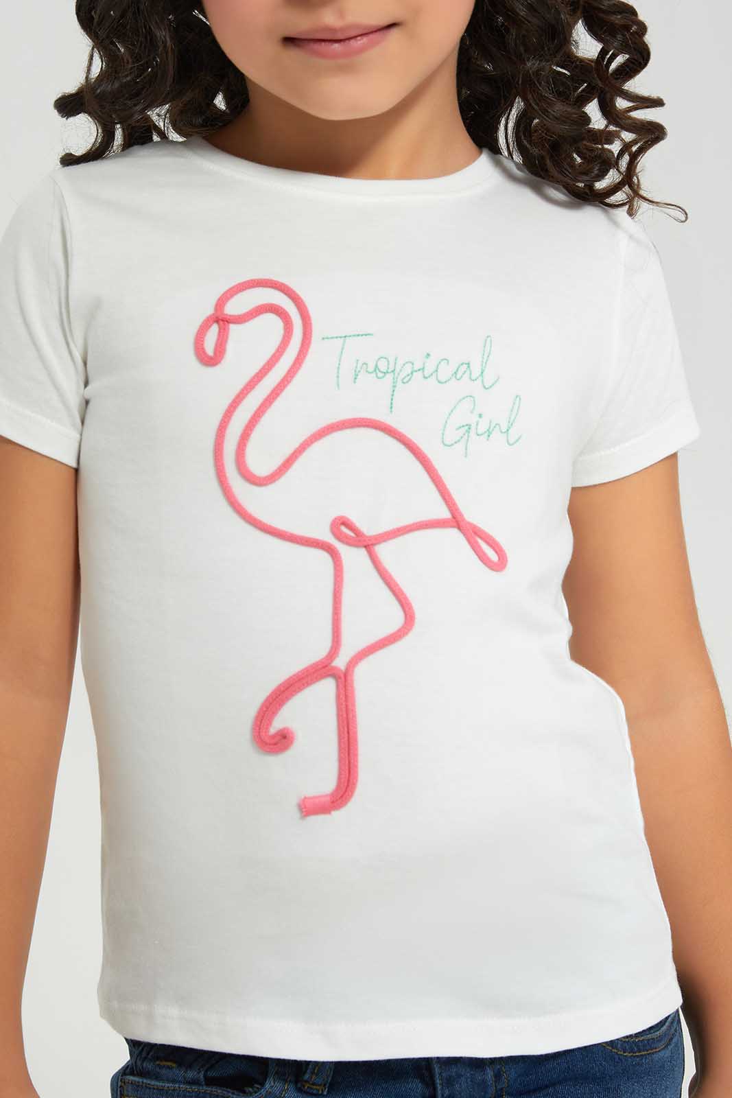 Redtag-White-Novelty-Rope-Applique---White-/-Green-Tre-Category:T-Shirts,-Colour:White,-Deals:New-In,-Filter:Girls-(2-to-8-Yrs),-GIR-T-Shirts,-New-In-GIR-APL,-Non-Sale,-Section:Girls-(0-to-14Yrs),-TBL,-W22A-Girls-2 to 8 Years