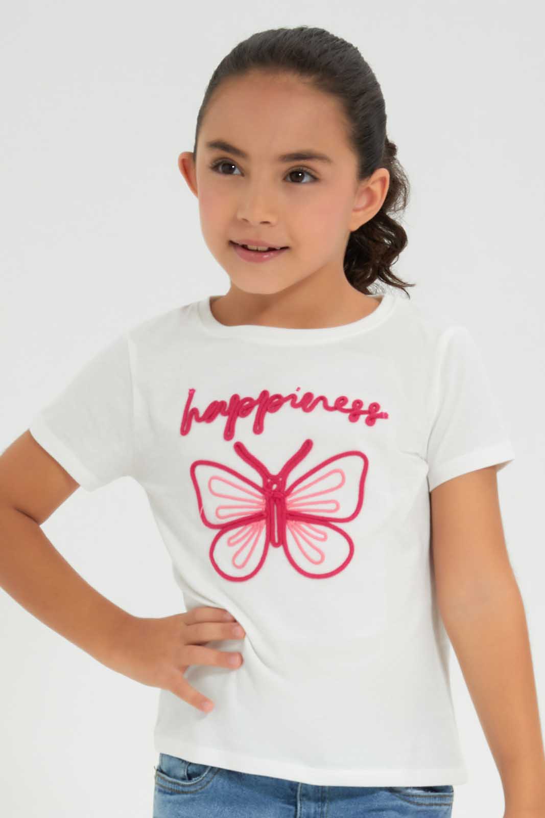 Redtag-White-Novelty-Rope-Applique-White-/-PiPink-Flower-Category:T-Shirts,-Colour:White,-Deals:New-In,-Filter:Girls-(2-to-8-Yrs),-GIR-T-Shirts,-New-In-GIR-APL,-Non-Sale,-Section:Girls-(0-to-14Yrs),-TBL,-W22A-Girls-2 to 8 Years
