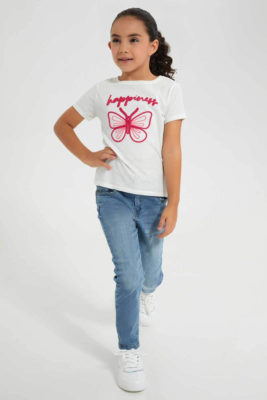 Redtag-White-Novelty-Rope-Applique-White-/-PiPink-Flower-Category:T-Shirts,-Colour:White,-Deals:New-In,-Filter:Girls-(2-to-8-Yrs),-GIR-T-Shirts,-New-In-GIR-APL,-Non-Sale,-Section:Girls-(0-to-14Yrs),-TBL,-W22A-Girls-2 to 8 Years