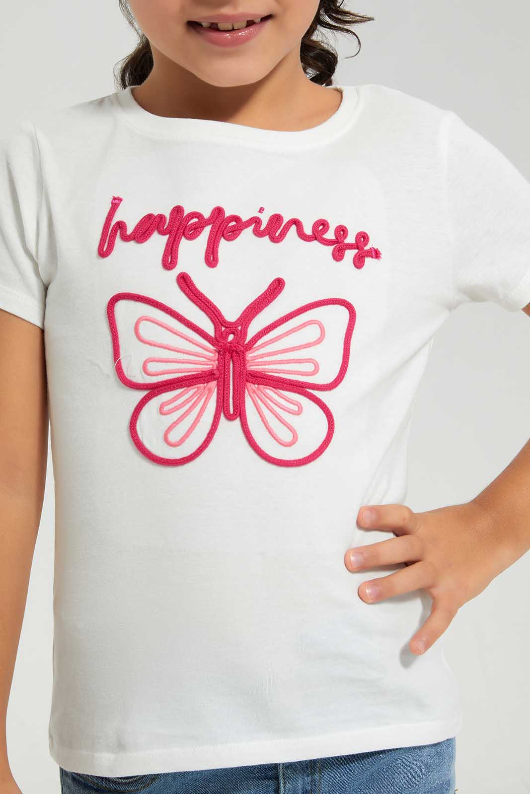 Redtag-White-Novelty-Rope-Applique-White-/-PiPink-Flower-Category:T-Shirts,-Colour:White,-Deals:New-In,-Filter:Girls-(2-to-8-Yrs),-GIR-T-Shirts,-New-In-GIR-APL,-Non-Sale,-Section:Girls-(0-to-14Yrs),-TBL,-W22A-Girls-2 to 8 Years
