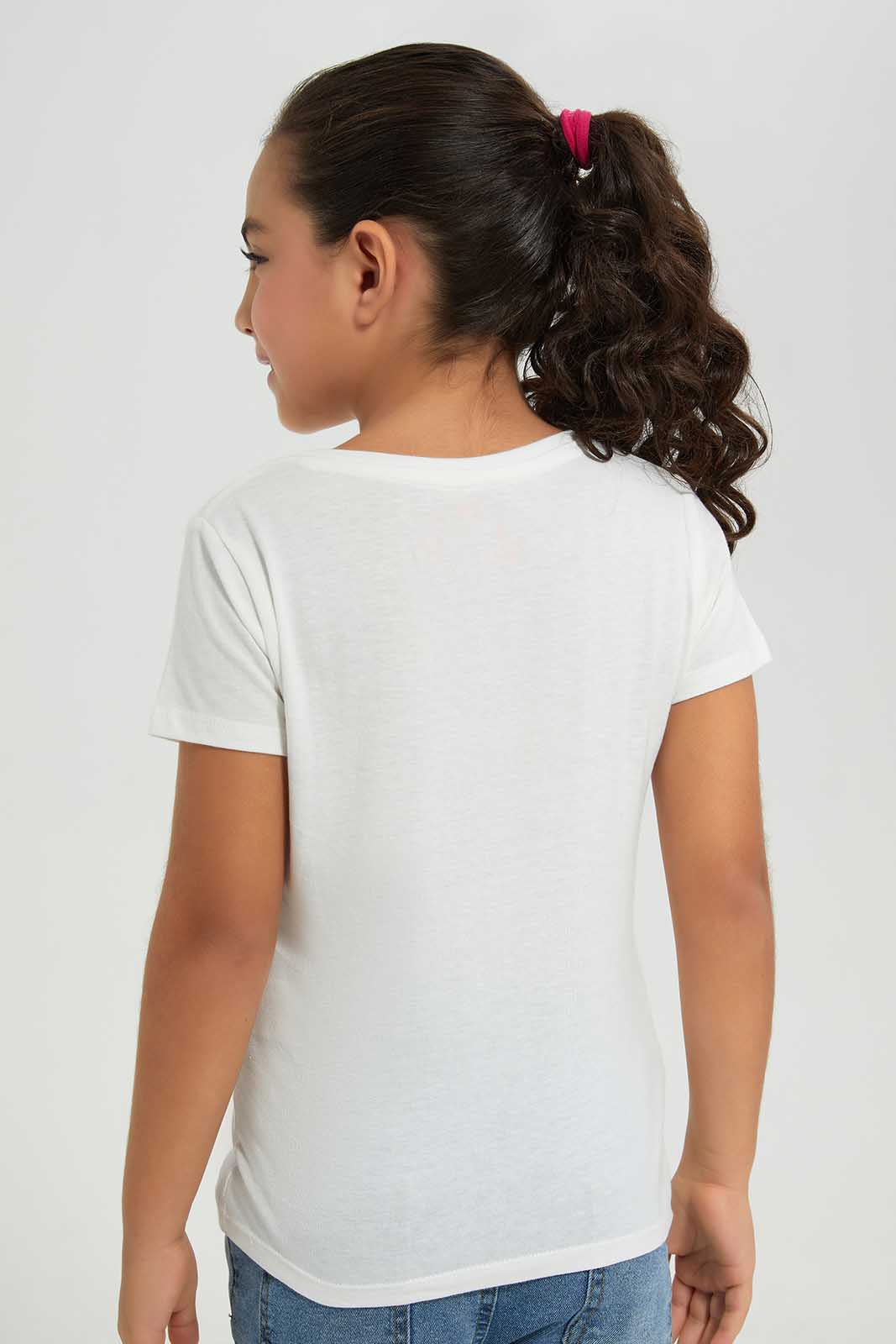 Redtag-White-Novelty-Rope-Applique-White-/-PiPink-Flower-Category:T-Shirts,-Colour:White,-Deals:New-In,-Filter:Girls-(2-to-8-Yrs),-GIR-T-Shirts,-New-In-GIR-APL,-Non-Sale,-Section:Girls-(0-to-14Yrs),-TBL,-W22A-Girls-2 to 8 Years