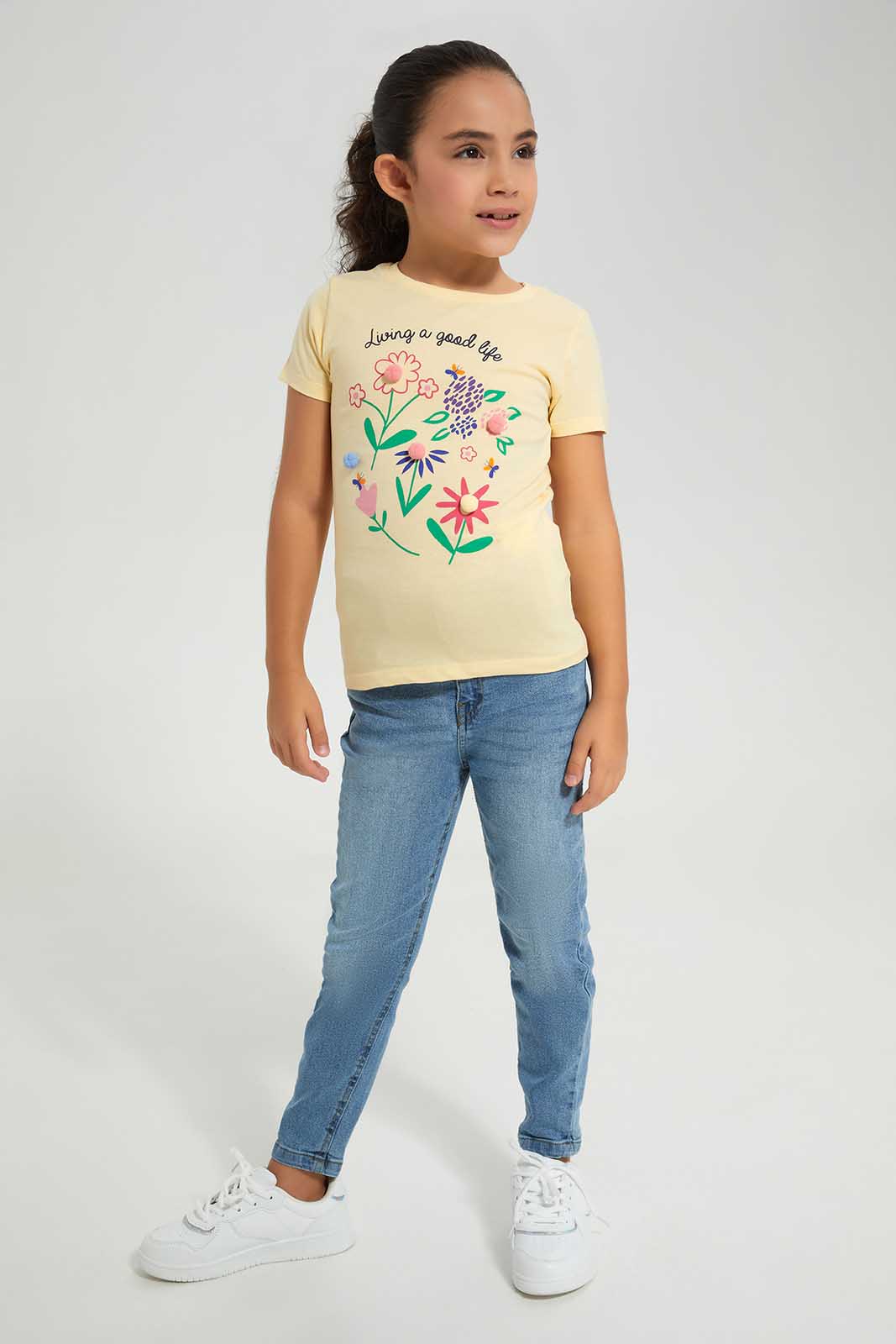 Redtag-Yellow-LS-Novelty-Pom-Pom-Category:T-Shirts,-Colour:Yellow,-Deals:New-In,-Filter:Girls-(2-to-8-Yrs),-GIR-T-Shirts,-New-In-GIR-APL,-Non-Sale,-Section:Girls-(0-to-14Yrs),-TBL,-W22A-Girls-2 to 8 Years