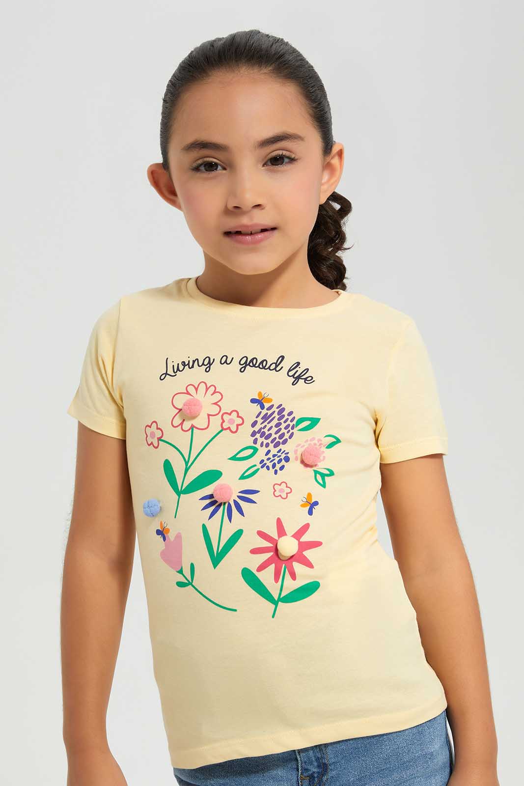 Redtag-Yellow-LS-Novelty-Pom-Pom-Category:T-Shirts,-Colour:Yellow,-Deals:New-In,-Filter:Girls-(2-to-8-Yrs),-GIR-T-Shirts,-New-In-GIR-APL,-Non-Sale,-Section:Girls-(0-to-14Yrs),-TBL,-W22A-Girls-2 to 8 Years