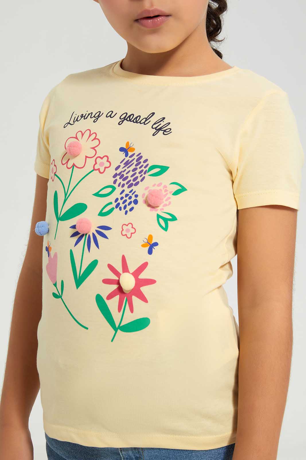 Redtag-Yellow-LS-Novelty-Pom-Pom-Category:T-Shirts,-Colour:Yellow,-Deals:New-In,-Filter:Girls-(2-to-8-Yrs),-GIR-T-Shirts,-New-In-GIR-APL,-Non-Sale,-Section:Girls-(0-to-14Yrs),-TBL,-W22A-Girls-2 to 8 Years