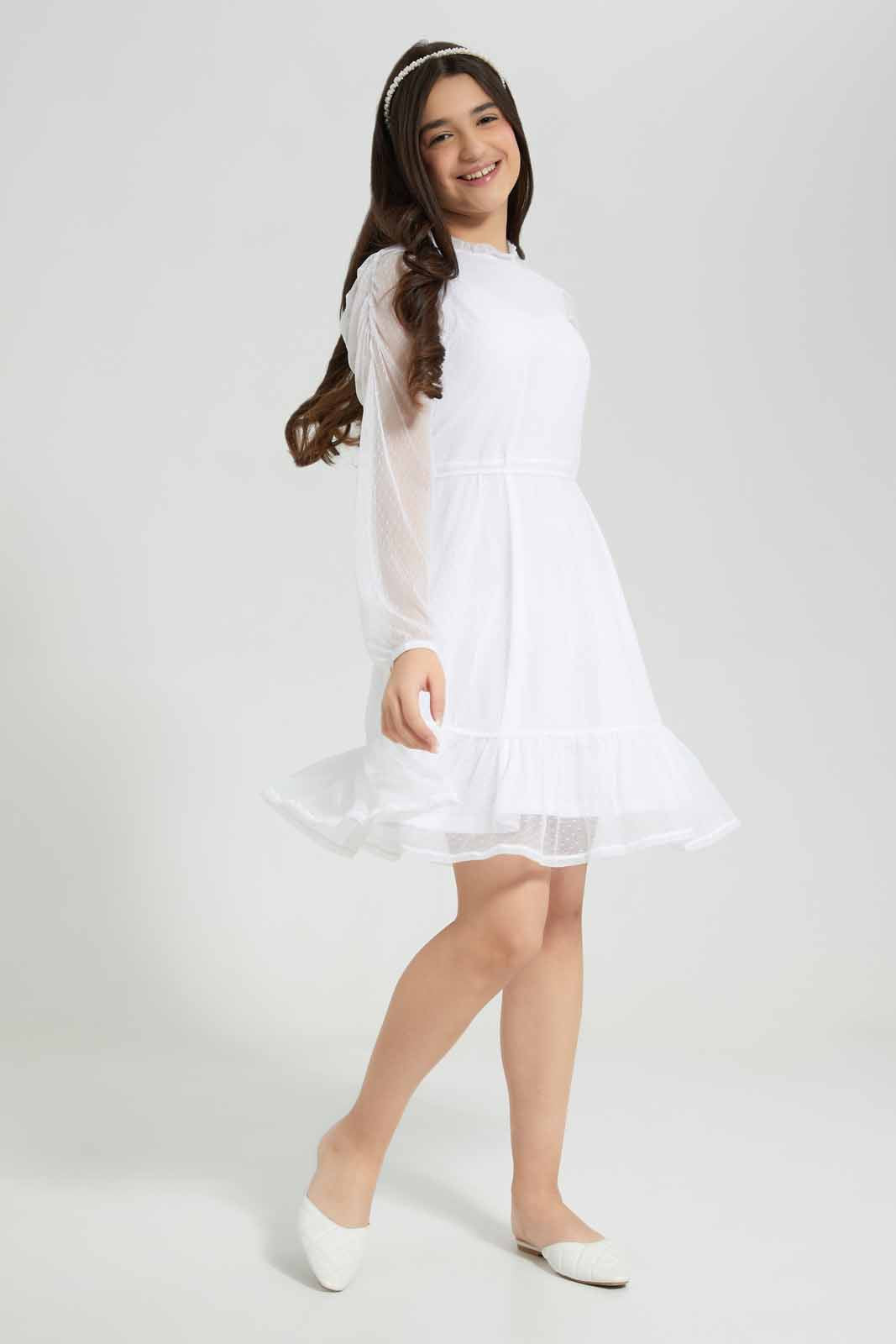 Redtag-White-Mesh-Dobby-Dress-Category:Dresses,-Colour:White,-Deals:New-In,-Filter:Senior-Girls-(8-to-14-Yrs),-GSR-Dresses,-New-In-GSR-APL,-Non-Sale,-Section:Girls-(0-to-14Yrs),-W22A-Senior-Girls-9 to 14 Years