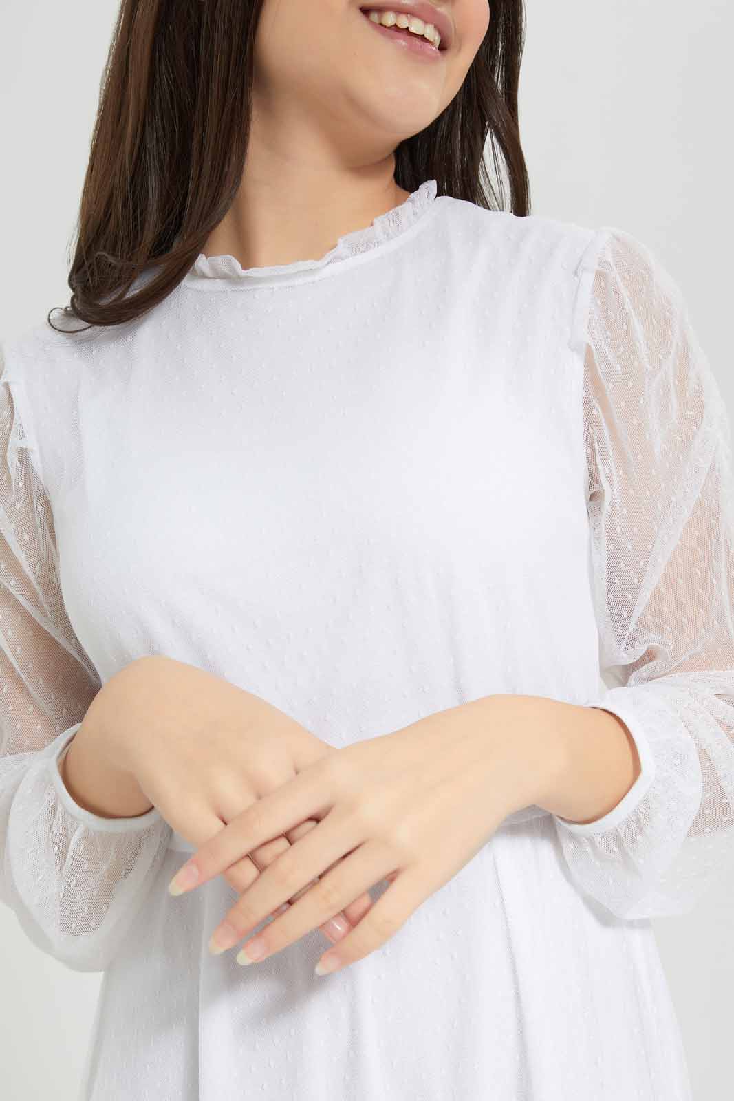 Redtag-White-Mesh-Dobby-Dress-Category:Dresses,-Colour:White,-Deals:New-In,-Filter:Senior-Girls-(8-to-14-Yrs),-GSR-Dresses,-New-In-GSR-APL,-Non-Sale,-Section:Girls-(0-to-14Yrs),-W22A-Senior-Girls-9 to 14 Years