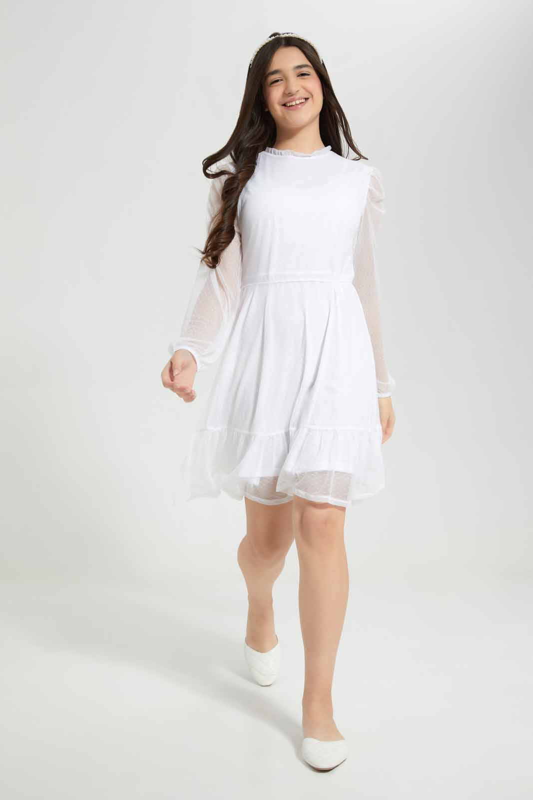 Redtag-White-Mesh-Dobby-Dress-Category:Dresses,-Colour:White,-Deals:New-In,-Filter:Senior-Girls-(8-to-14-Yrs),-GSR-Dresses,-New-In-GSR-APL,-Non-Sale,-Section:Girls-(0-to-14Yrs),-W22A-Senior-Girls-9 to 14 Years