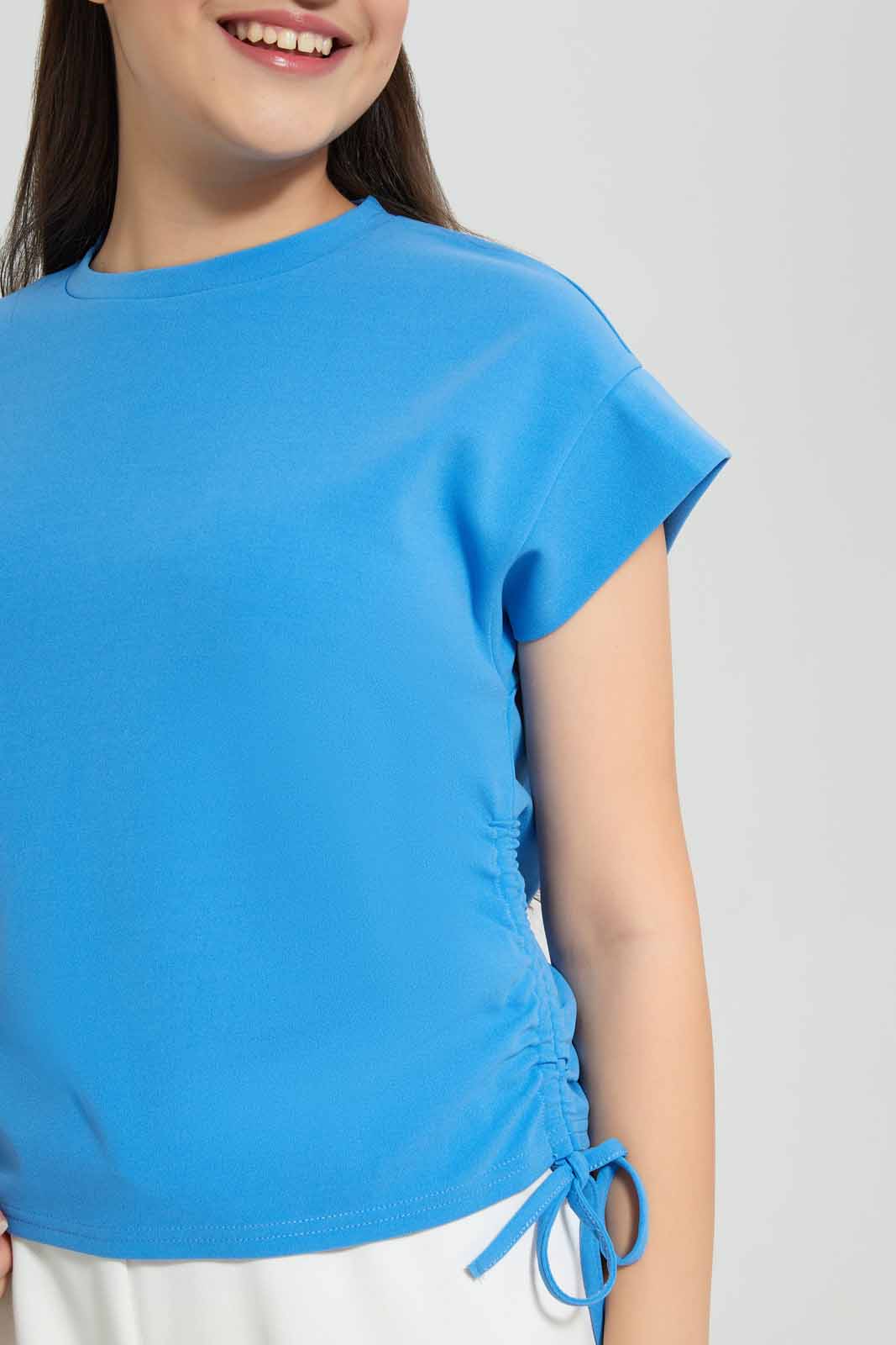 Redtag-Blue-Top-W/-Gathering-On-Side-Category:T-Shirts,-Colour:Blue,-Deals:New-In,-Filter:Senior-Girls-(8-to-14-Yrs),-GSR-T-Shirts,-New-In-GSR-APL,-Non-Sale,-Section:Girls-(0-to-14Yrs),-W22A-Senior-Girls-9 to 14 Years