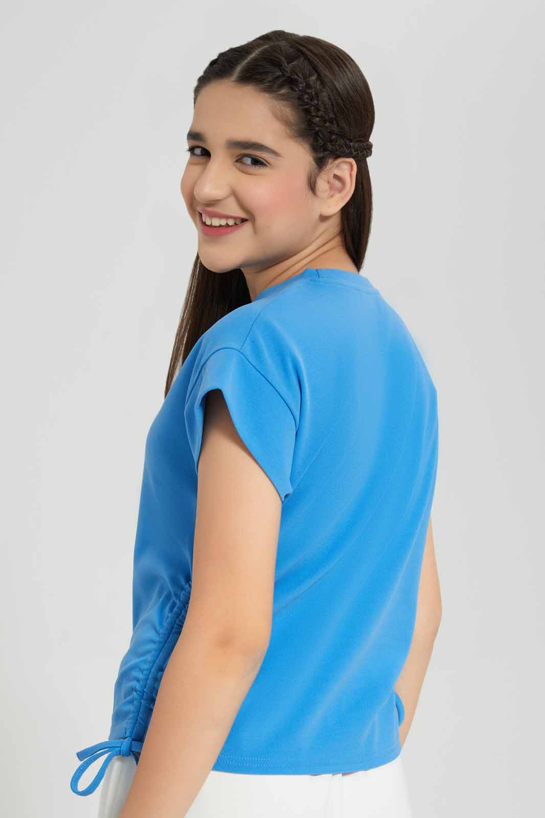 Redtag-Blue-Top-W/-Gathering-On-Side-Category:T-Shirts,-Colour:Blue,-Deals:New-In,-Filter:Senior-Girls-(8-to-14-Yrs),-GSR-T-Shirts,-New-In-GSR-APL,-Non-Sale,-Section:Girls-(0-to-14Yrs),-W22A-Senior-Girls-9 to 14 Years