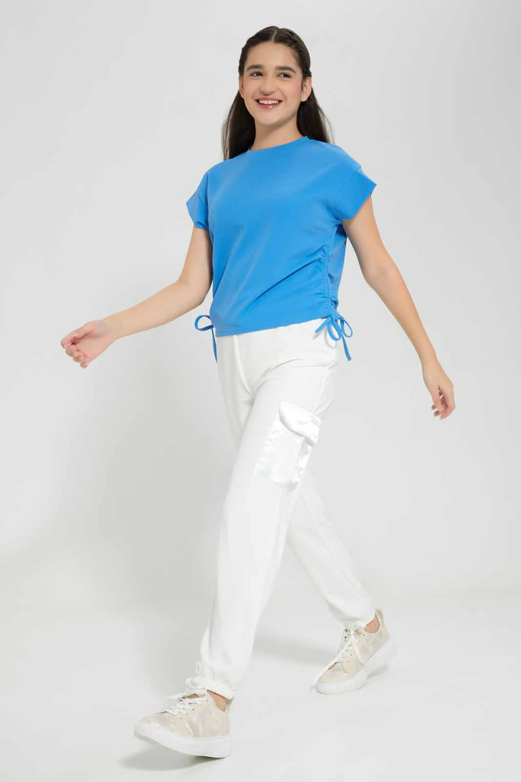 Redtag-Blue-Top-W/-Gathering-On-Side-Category:T-Shirts,-Colour:Blue,-Deals:New-In,-Filter:Senior-Girls-(8-to-14-Yrs),-GSR-T-Shirts,-New-In-GSR-APL,-Non-Sale,-Section:Girls-(0-to-14Yrs),-W22A-Senior-Girls-9 to 14 Years
