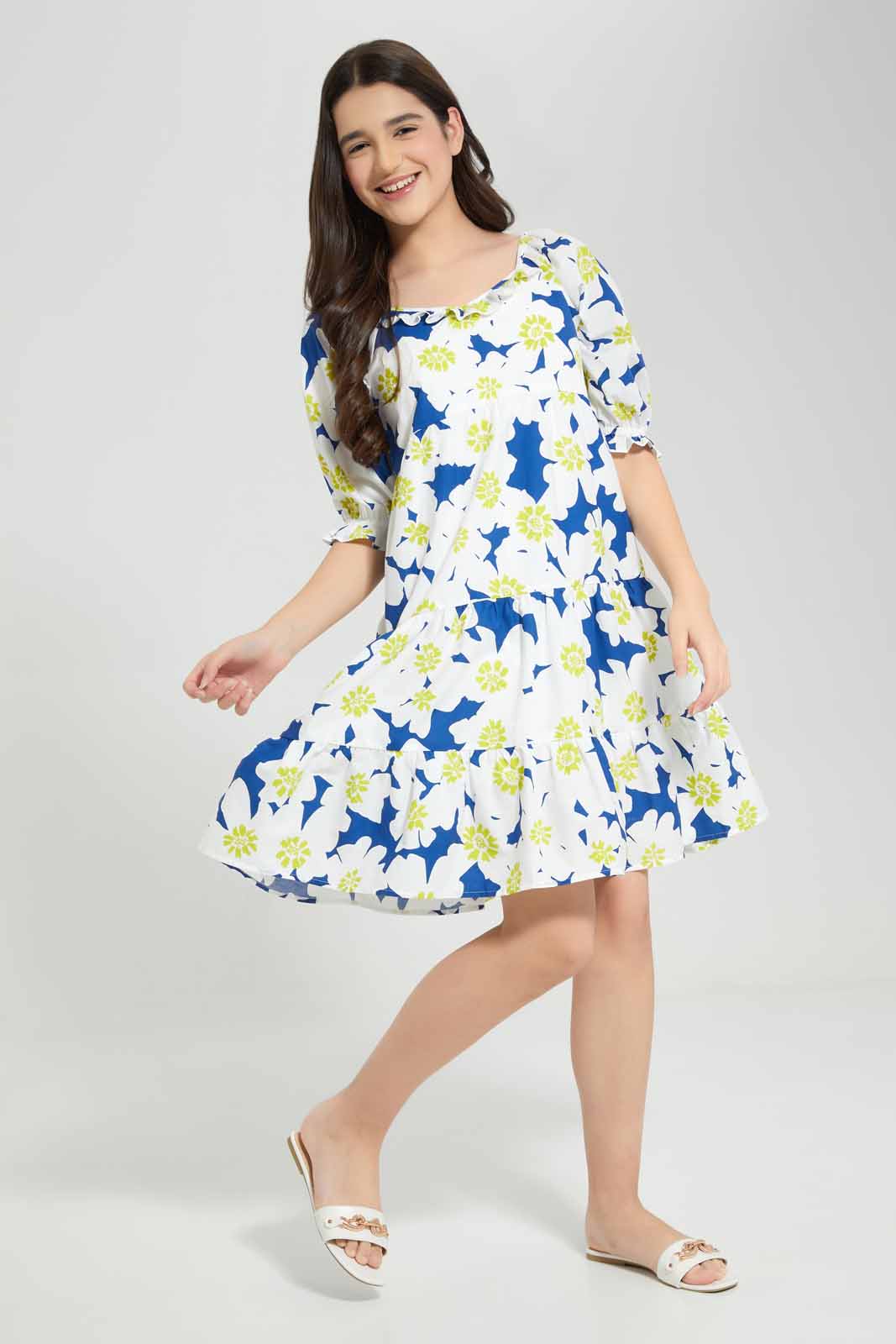 Redtag-Blue-Floral-Dress-Category:Dresses,-Colour:Blue,-Deals:New-In,-Filter:Senior-Girls-(8-to-14-Yrs),-GSR-Dresses,-New-In-GSR-APL,-Non-Sale,-Section:Girls-(0-to-14Yrs),-W22A-Senior-Girls-9 to 14 Years