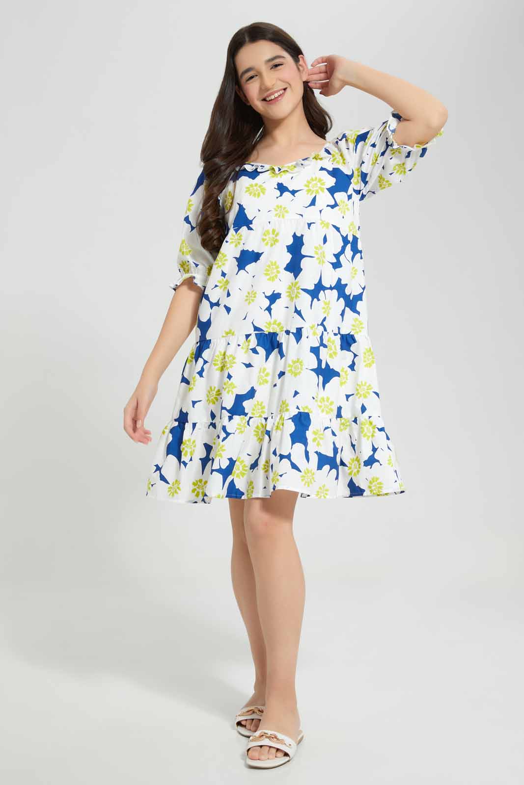 Redtag-Blue-Floral-Dress-Category:Dresses,-Colour:Blue,-Deals:New-In,-Filter:Senior-Girls-(8-to-14-Yrs),-GSR-Dresses,-New-In-GSR-APL,-Non-Sale,-Section:Girls-(0-to-14Yrs),-W22A-Senior-Girls-9 to 14 Years