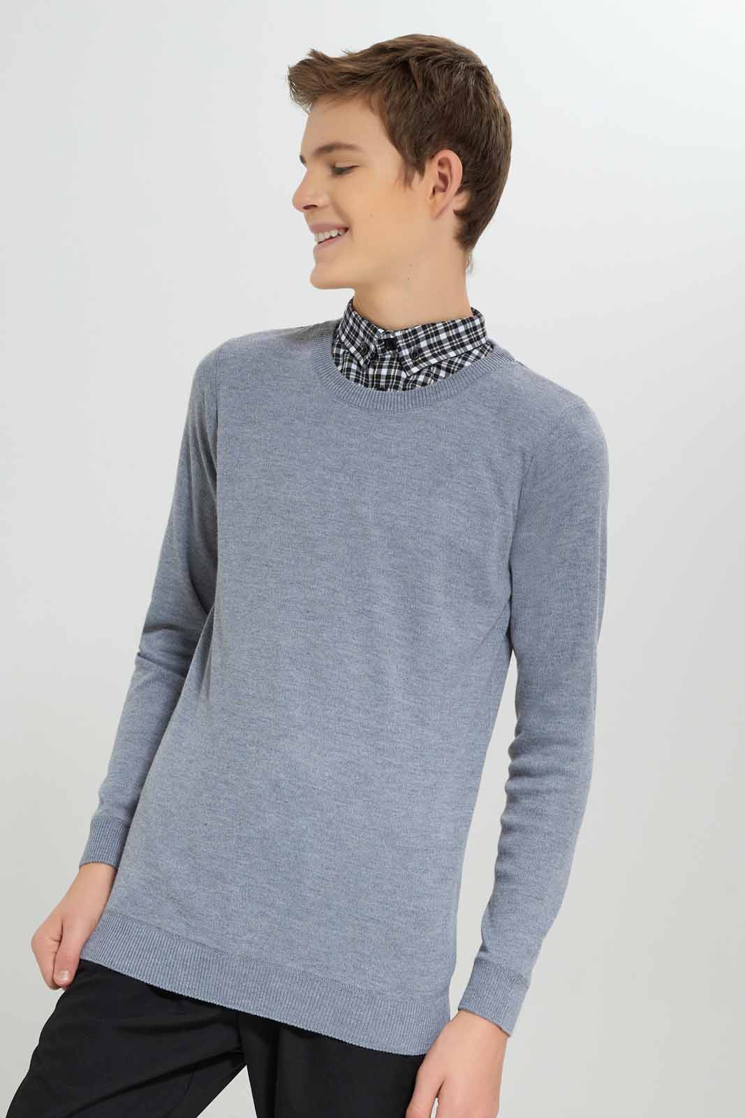 Redtag-Grey-Mel-Collared-Plain-Pullover-BSR-Pullovers,-Category:Pullovers,-Colour:Grey,-Deals:New-In,-Dept:Boys,-Filter:Senior-Boys-(8-to-14-Yrs),-New-In-BSR-APL,-Non-Sale,-Section:Boys-(0-to-14Yrs),-W22B-Senior-Boys-9 to 14 Years