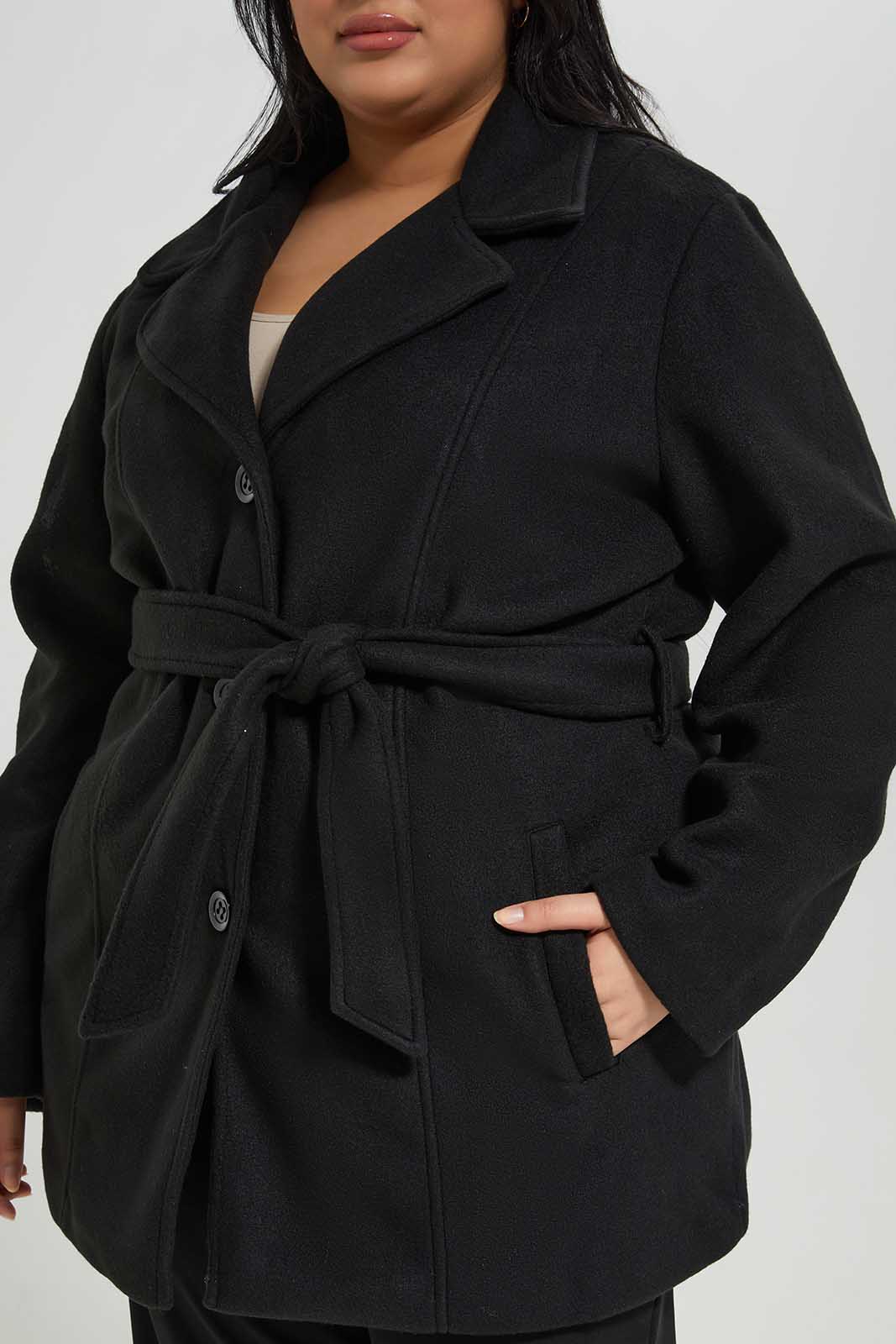 Redtag-Black-Long-Sleeve-Belted-Jacket-Category:Jackets,-Colour:Black,-Deals:New-In,-Filter:Plus-Size,-LDP-Jackets,-New-In-LDP-APL,-Non-Sale,-Section:Women,-W22B-Women's-