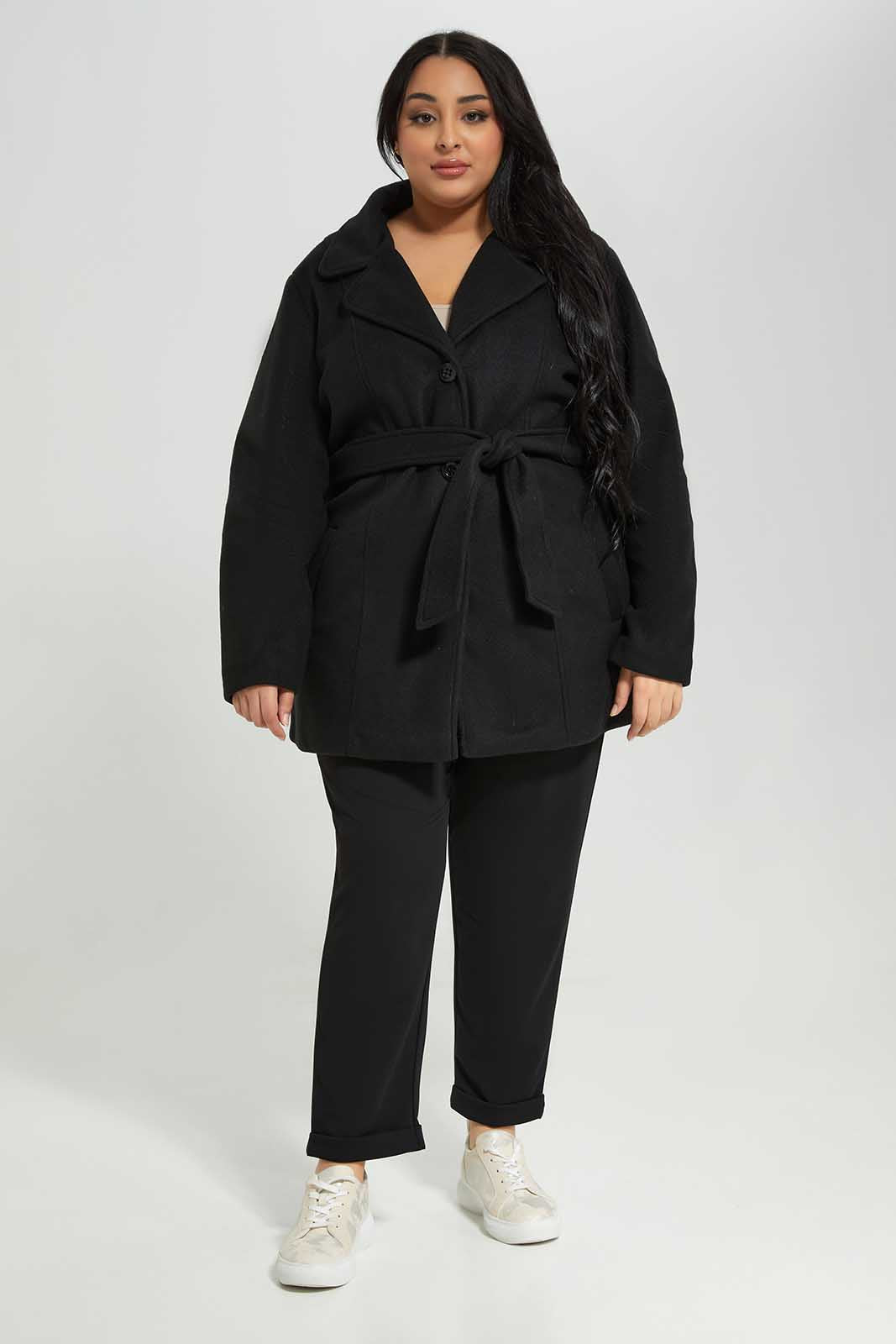 Redtag-Black-Long-Sleeve-Belted-Jacket-Category:Jackets,-Colour:Black,-Deals:New-In,-Filter:Plus-Size,-LDP-Jackets,-New-In-LDP-APL,-Non-Sale,-Section:Women,-W22B-Women's-