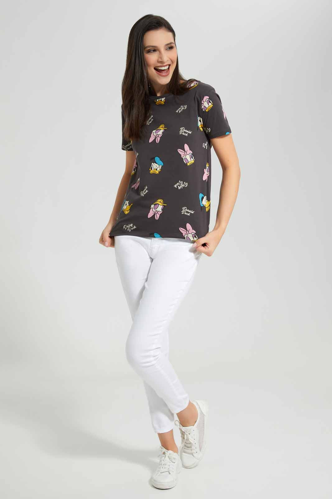 Redtag-Black-Daffy-Duck-Oversized-Allover-Printed-T-Shirt-Category:T-Shirts,-Colour:Black,-Deals:New-In,-Filter:Women's-Clothing,-New-In-Women-APL,-Non-Sale,-Section:Women,-W22A,-Women-T-Shirts-Women's-