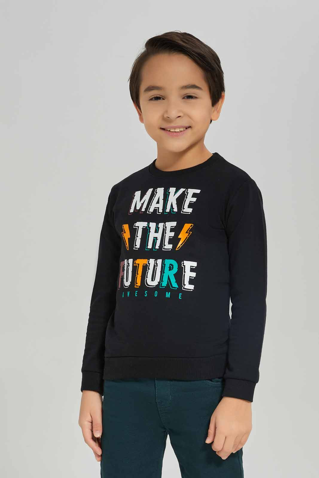 Redtag-Black-Make-The-Future-Print-Crew-Neck-Sweatshirt-BOY-Sweatshirts,-Category:Sweatshirts,-Colour:Black,-Deals:New-In,-Dept:Boys,-Filter:Boys-(2-to-8-Yrs),-New-In-BOY-APL,-Non-Sale,-Section:Boys-(0-to-14Yrs),-TBL,-W22B-Boys-2 to 8 Years