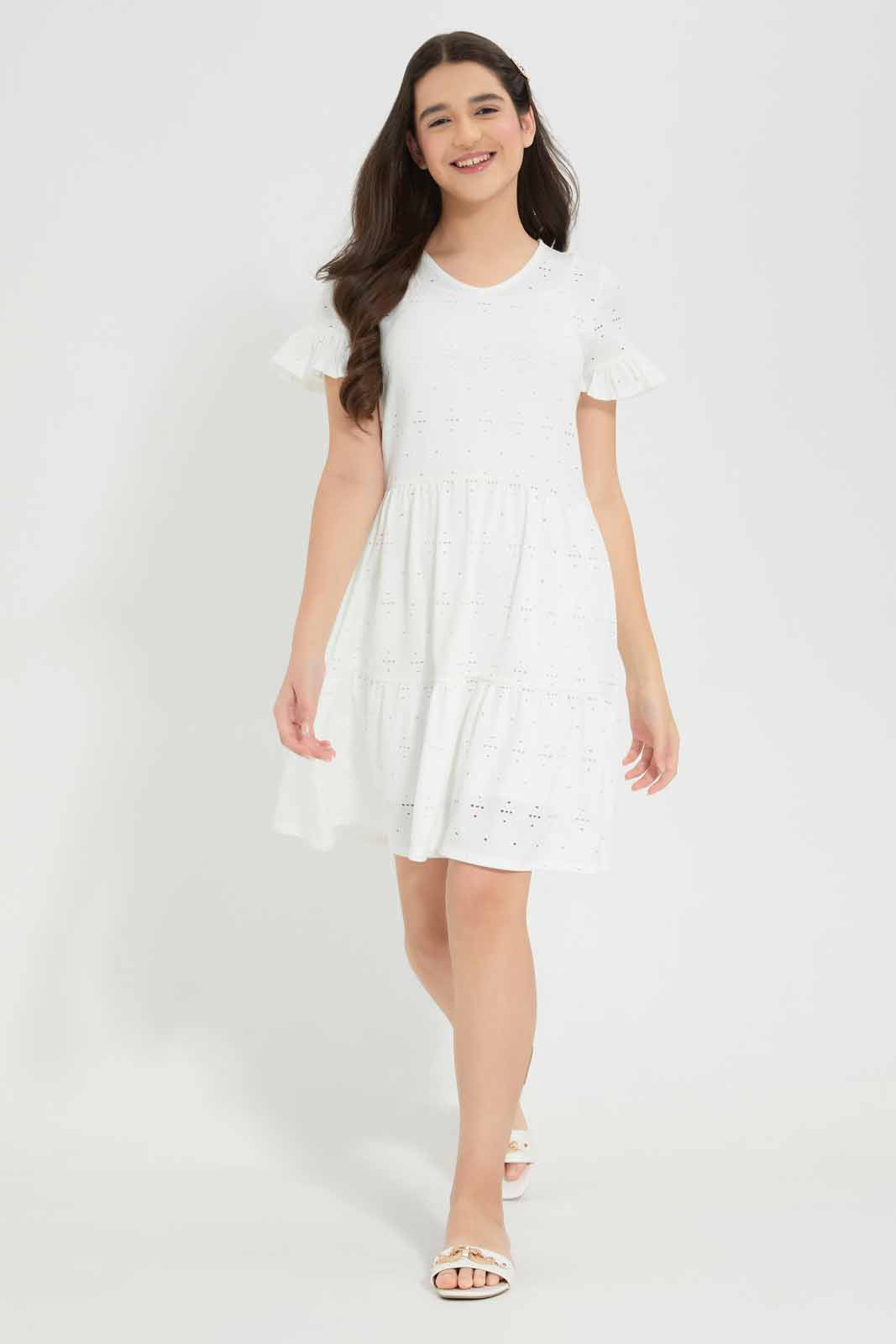 Redtag-White-Laser-Cut-Dress-Category:Dresses,-Colour:White,-Deals:New-In,-Filter:Senior-Girls-(8-to-14-Yrs),-GSR-Dresses,-New-In-GSR-APL,-Non-Sale,-Section:Girls-(0-to-14Yrs),-W22A-Senior-Girls-9 to 14 Years