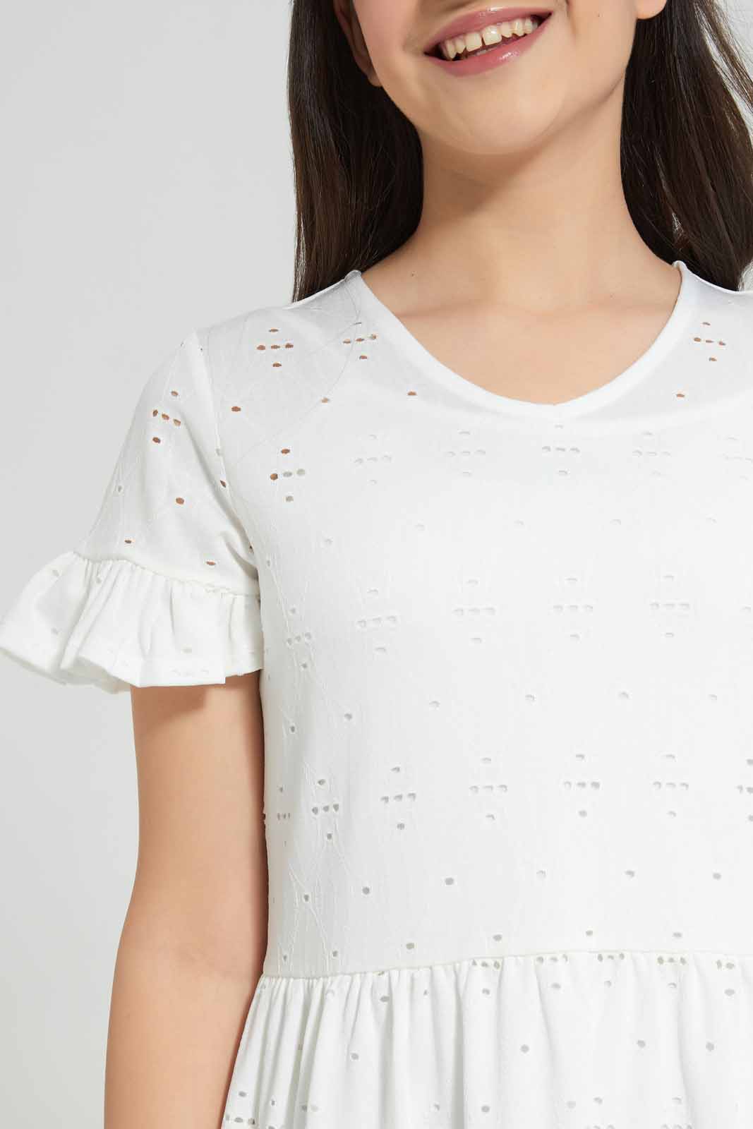 Redtag-White-Laser-Cut-Dress-Category:Dresses,-Colour:White,-Deals:New-In,-Filter:Senior-Girls-(8-to-14-Yrs),-GSR-Dresses,-New-In-GSR-APL,-Non-Sale,-Section:Girls-(0-to-14Yrs),-W22A-Senior-Girls-9 to 14 Years