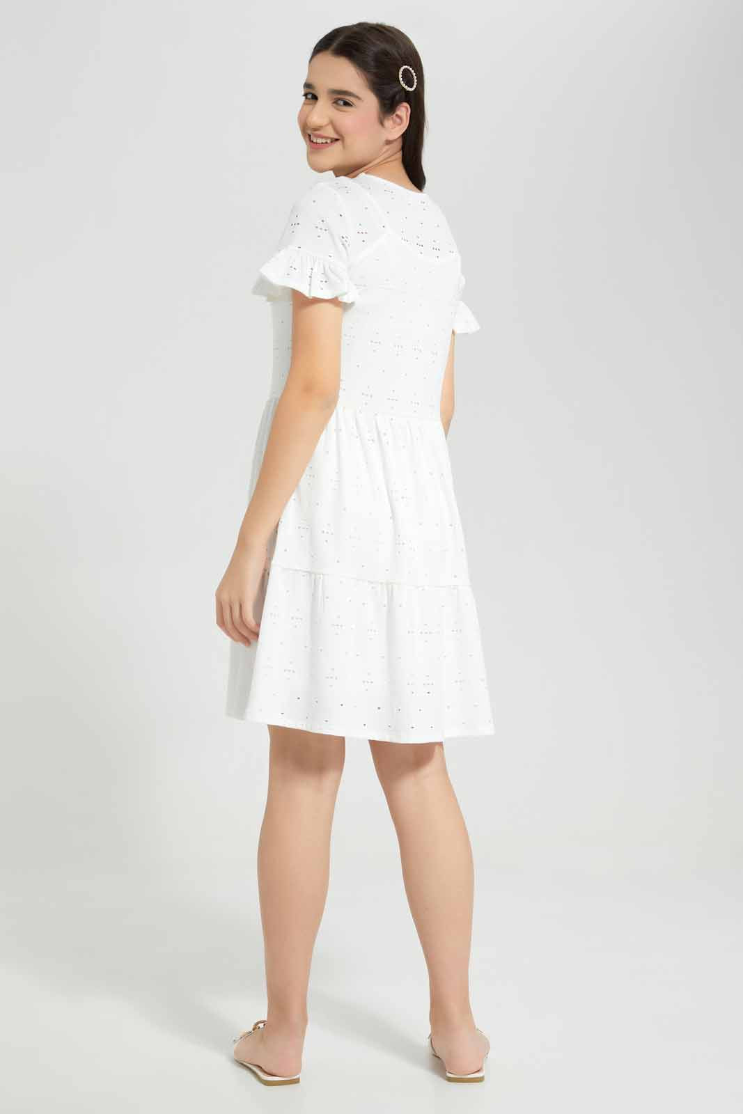 Redtag-White-Laser-Cut-Dress-Category:Dresses,-Colour:White,-Deals:New-In,-Filter:Senior-Girls-(8-to-14-Yrs),-GSR-Dresses,-New-In-GSR-APL,-Non-Sale,-Section:Girls-(0-to-14Yrs),-W22A-Senior-Girls-9 to 14 Years