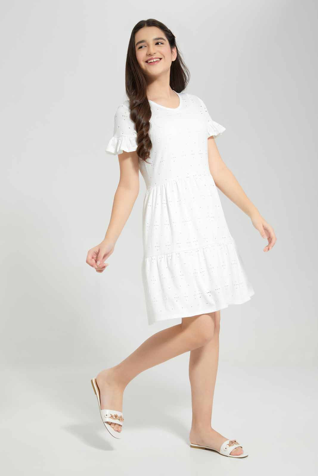 Redtag-White-Laser-Cut-Dress-Category:Dresses,-Colour:White,-Deals:New-In,-Filter:Senior-Girls-(8-to-14-Yrs),-GSR-Dresses,-New-In-GSR-APL,-Non-Sale,-Section:Girls-(0-to-14Yrs),-W22A-Senior-Girls-9 to 14 Years