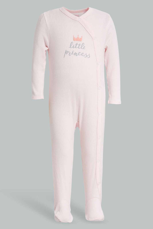 Redtag-Pink-LittleE-Princess-Rib-Sleepsuit-Category:Sleepsuits,-Colour:Apricot,-Deals:New-In,-Filter:Baby-(0-to-12-Mths),-NBG-Sleepsuits,-New-In-NBG-APL,-Non-Sale,-Section:Girls-(0-to-14Yrs),-W22A-Baby-0 to 12 Months