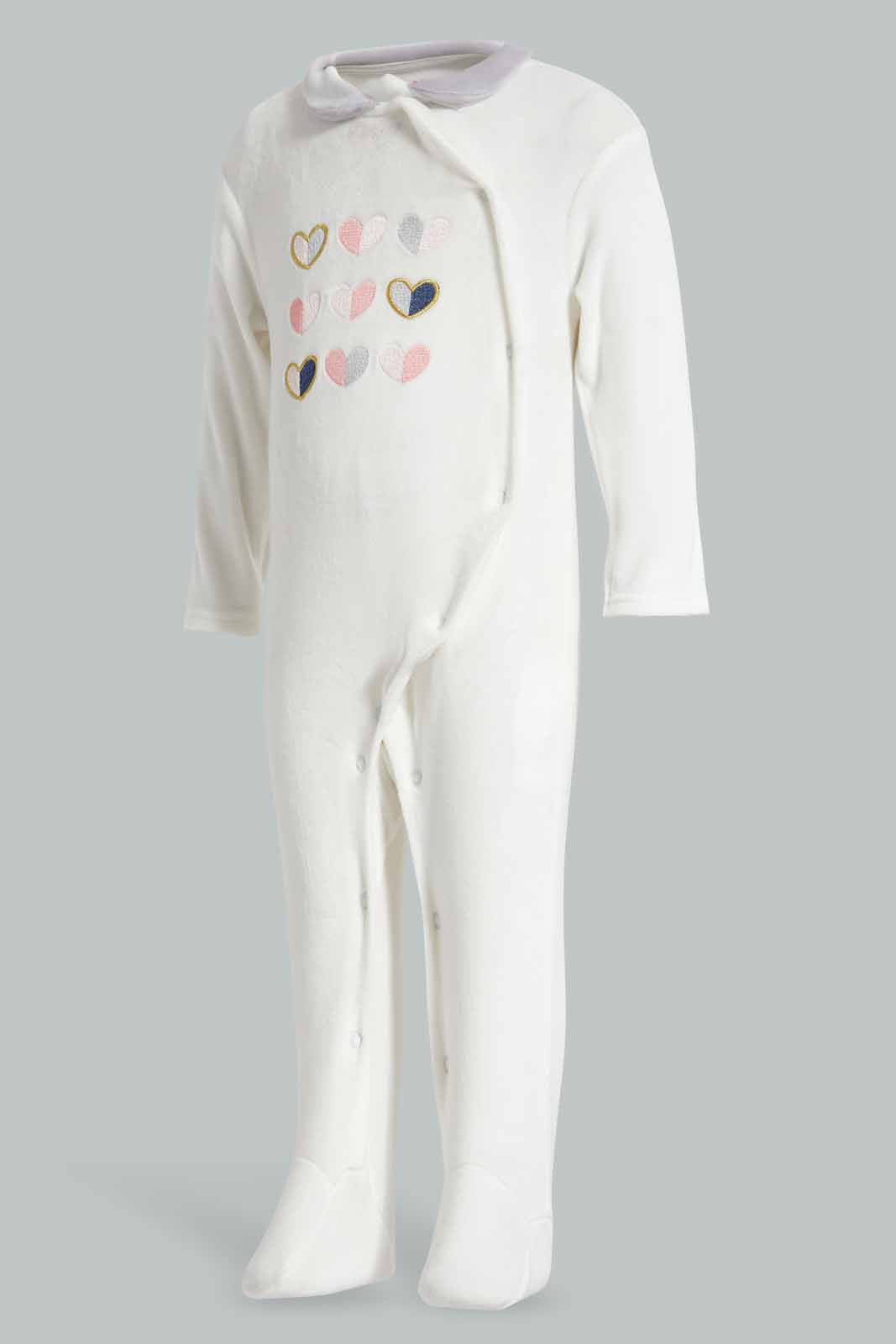 Redtag-White-Hearts-Embroidered-Velour-Sleeepsuit-Category:Sleepsuits,-Colour:White,-Deals:New-In,-Filter:Baby-(0-to-12-Mths),-NBB-Sleepsuits,-New-In-NBB-APL,-Non-Sale,-Section:Boys-(0-to-14Yrs),-W22A-Baby-0 to 12 Months