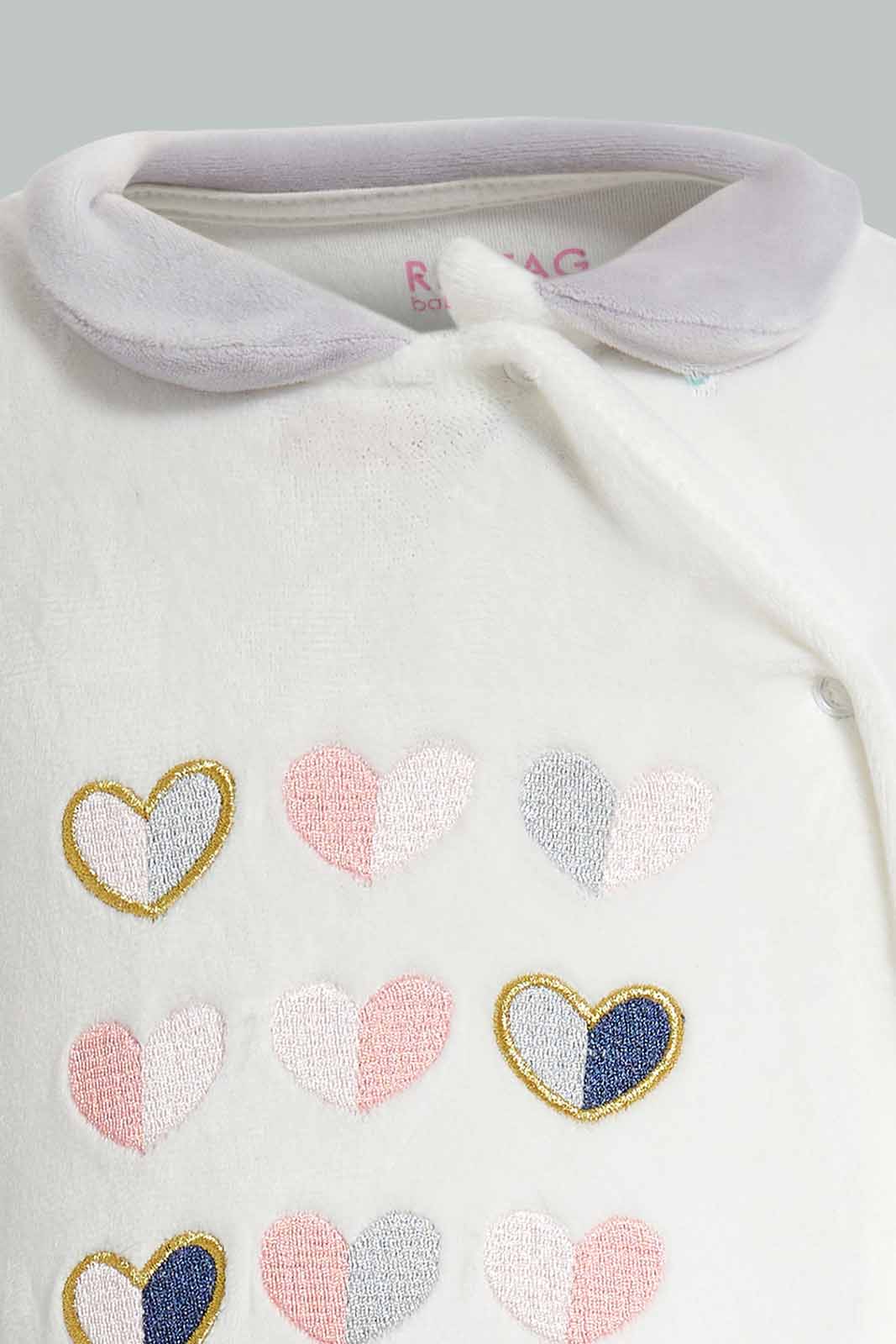 Redtag-White-Hearts-Embroidered-Velour-Sleeepsuit-Category:Sleepsuits,-Colour:White,-Deals:New-In,-Filter:Baby-(0-to-12-Mths),-NBB-Sleepsuits,-New-In-NBB-APL,-Non-Sale,-Section:Boys-(0-to-14Yrs),-W22A-Baby-0 to 12 Months
