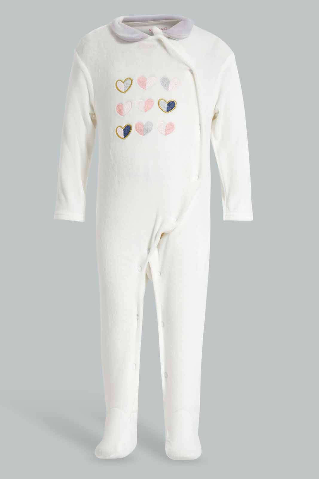 Redtag-White-Hearts-Embroidered-Velour-Sleeepsuit-Category:Sleepsuits,-Colour:White,-Deals:New-In,-Filter:Baby-(0-to-12-Mths),-NBB-Sleepsuits,-New-In-NBB-APL,-Non-Sale,-Section:Boys-(0-to-14Yrs),-W22A-Baby-0 to 12 Months