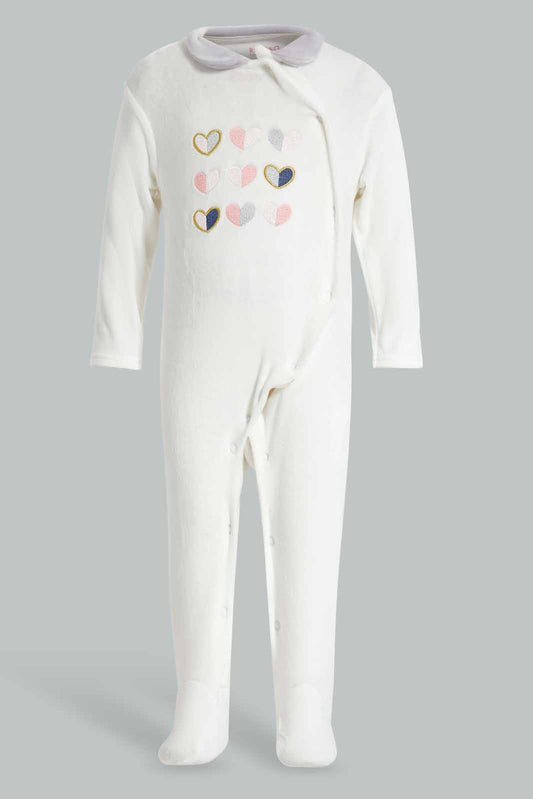 Redtag-White-Hearts-Embroidered-Velour-Sleeepsuit-Category:Sleepsuits,-Colour:White,-Deals:New-In,-Filter:Baby-(0-to-12-Mths),-NBB-Sleepsuits,-New-In-NBB-APL,-Non-Sale,-Section:Boys-(0-to-14Yrs),-W22A-Baby-0 to 12 Months