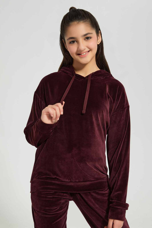 Redtag-Burgundy-Hoody-Velour-Sweatshirts-Category:Sweatshirts,-Colour:Burgundy,-Deals:New-In,-Filter:Senior-Girls-(8-to-14-Yrs),-GSR-Sweatshirts,-New-In-GSR-APL,-Non-Sale,-Section:Girls-(0-to-14Yrs),-TBL,-W22B-Senior-Girls-9 to 14 Years