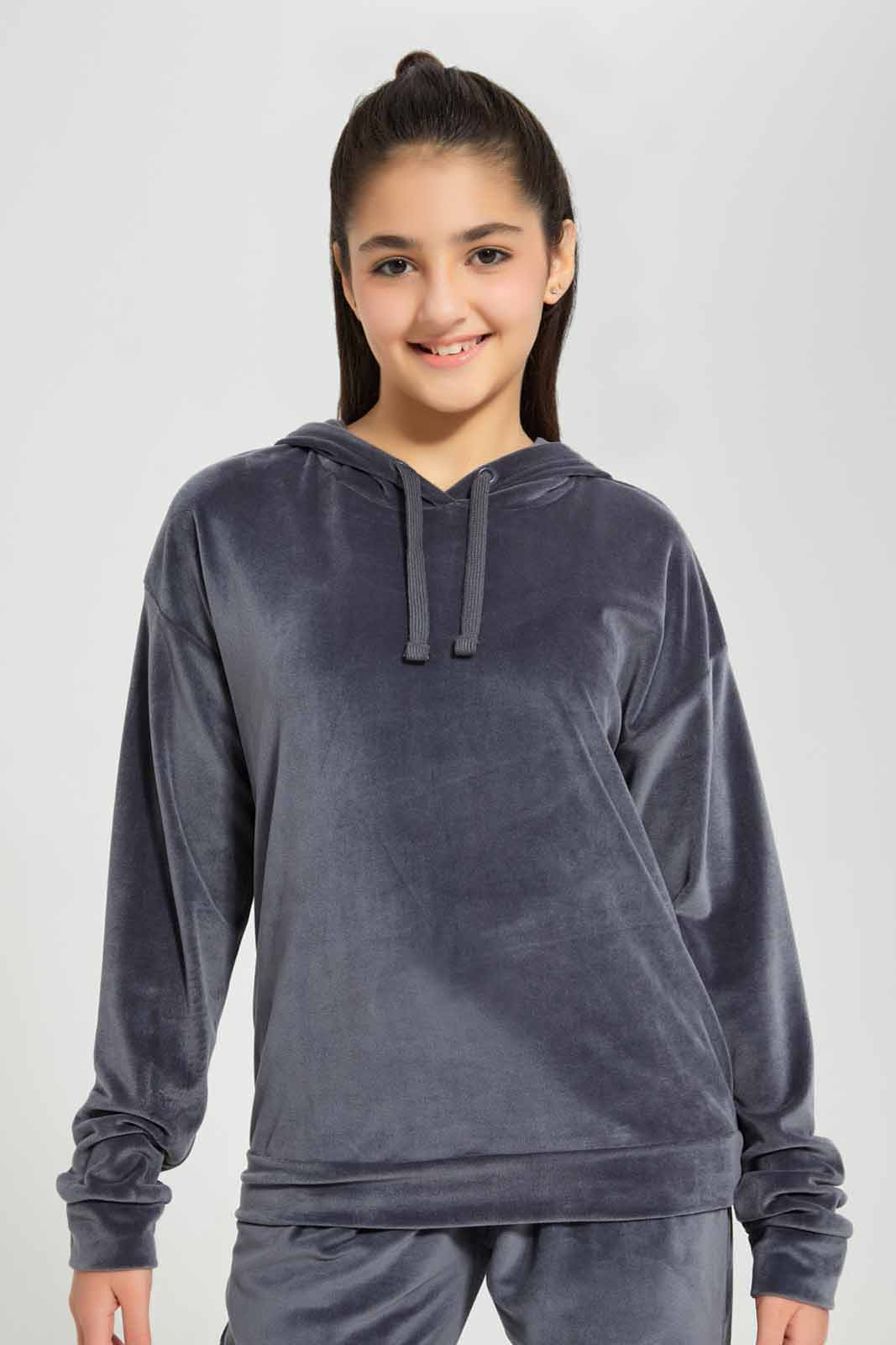 Redtag-Grey-Hoody-Velour-Sweatshirts-Category:Sweatshirts,-Colour:Grey,-Deals:New-In,-Filter:Senior-Girls-(8-to-14-Yrs),-GSR-Sweatshirts,-New-In-GSR-APL,-Non-Sale,-Section:Girls-(0-to-14Yrs),-TBL,-W22B-Senior-Girls-9 to 14 Years