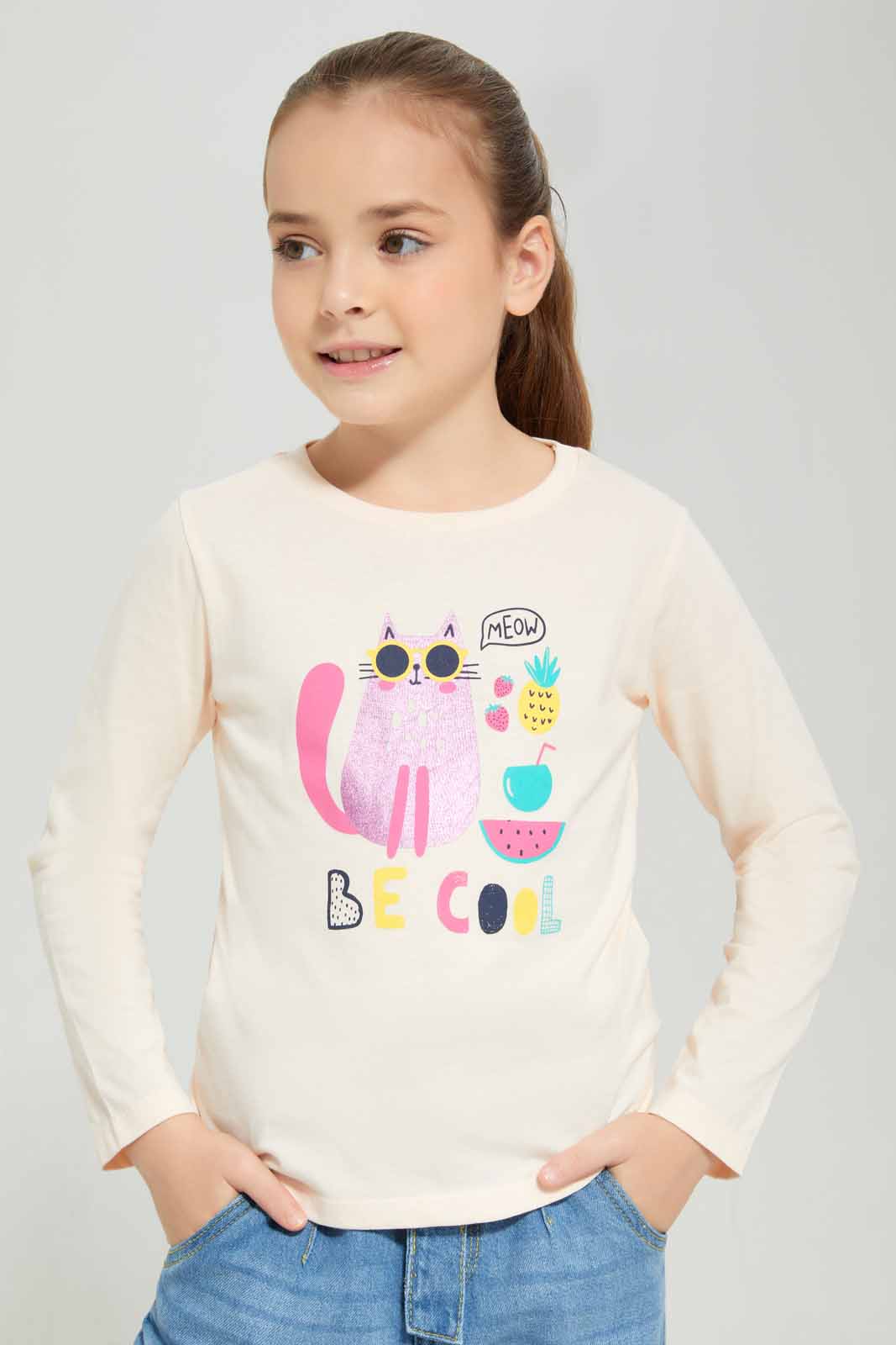 Redtag-Cream-Ls-Basic-Tee-Animal-Placement-Category:T-Shirts,-Colour:Cream,-Deals:New-In,-Dept:Girls,-Filter:Girls-(2-to-8-Yrs),-GIR-T-Shirts,-New-In-GIR-APL,-Non-Sale,-Section:Girls-(0-to-14Yrs),-TBL,-W22B-Girls-2 to 8 Years