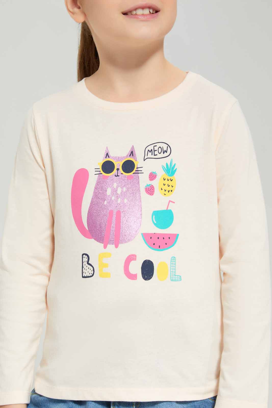 Redtag-Cream-Ls-Basic-Tee-Animal-Placement-Category:T-Shirts,-Colour:Cream,-Deals:New-In,-Dept:Girls,-Filter:Girls-(2-to-8-Yrs),-GIR-T-Shirts,-New-In-GIR-APL,-Non-Sale,-Section:Girls-(0-to-14Yrs),-TBL,-W22B-Girls-2 to 8 Years