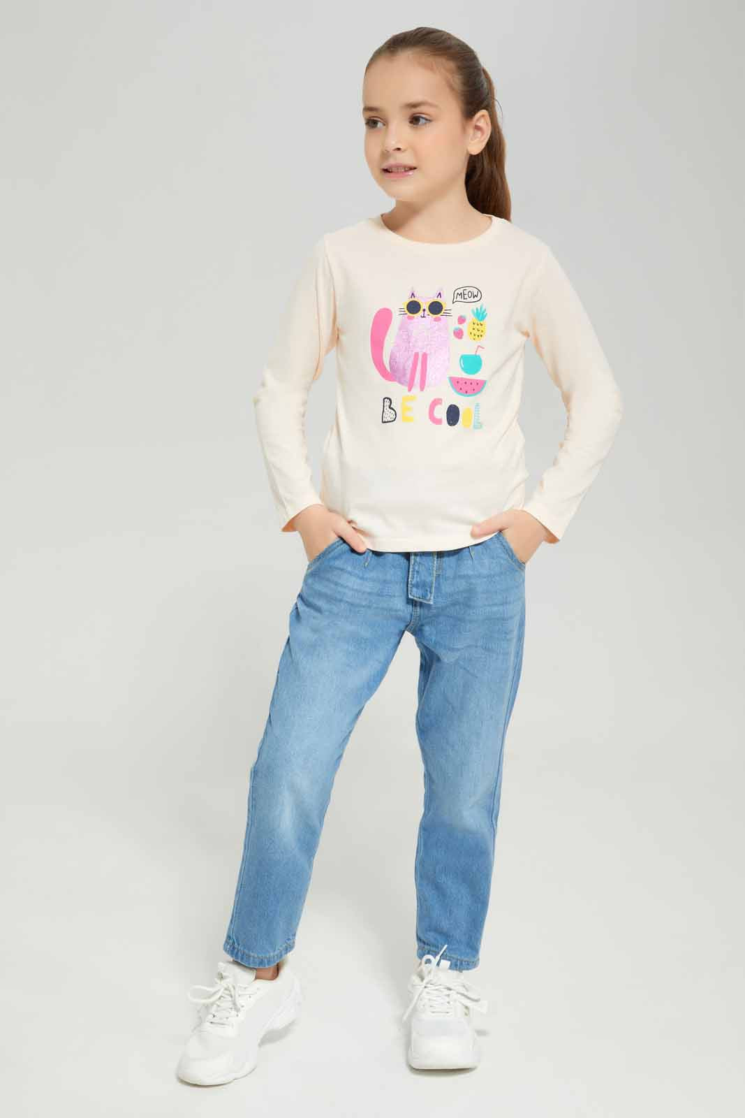 Redtag-Cream-Ls-Basic-Tee-Animal-Placement-Category:T-Shirts,-Colour:Cream,-Deals:New-In,-Dept:Girls,-Filter:Girls-(2-to-8-Yrs),-GIR-T-Shirts,-New-In-GIR-APL,-Non-Sale,-Section:Girls-(0-to-14Yrs),-TBL,-W22B-Girls-2 to 8 Years