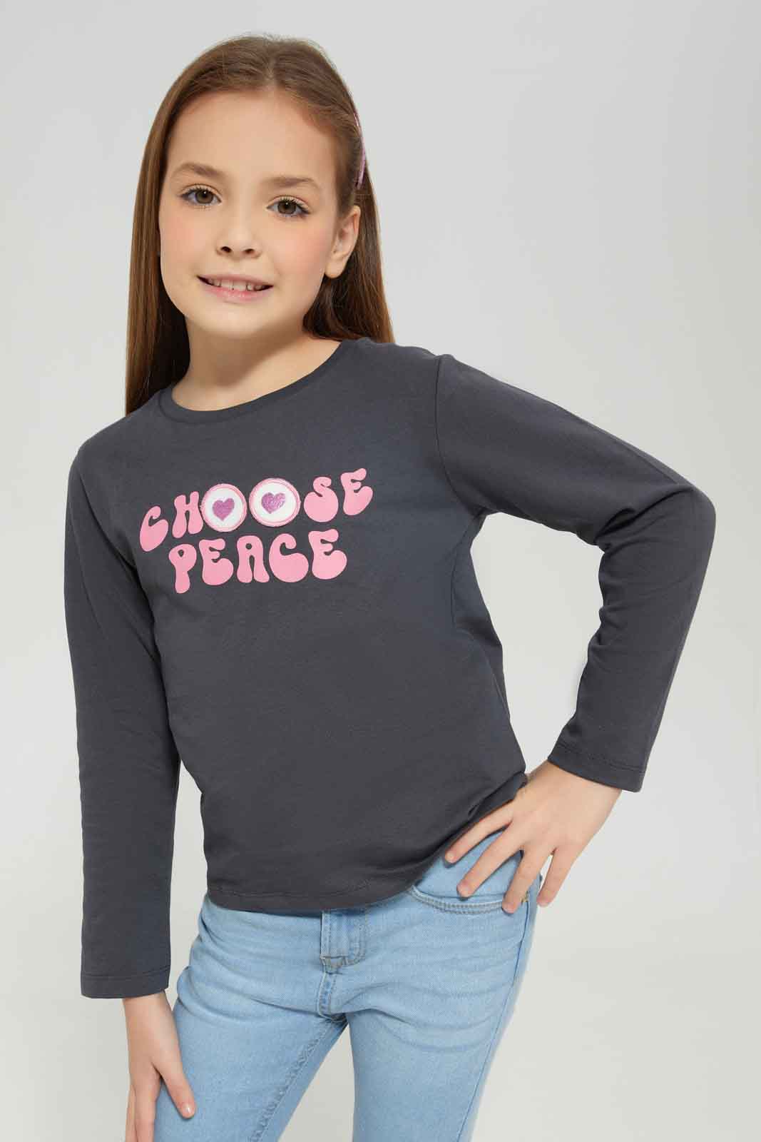 Redtag-Charcoal-Ls-Basic-Tee-Peace-Category:T-Shirts,-Colour:Charcoal,-Deals:New-In,-Dept:Girls,-Filter:Girls-(2-to-8-Yrs),-GIR-T-Shirts,-New-In-GIR-APL,-Non-Sale,-Section:Girls-(0-to-14Yrs),-TBL,-W22B-Girls-2 to 8 Years