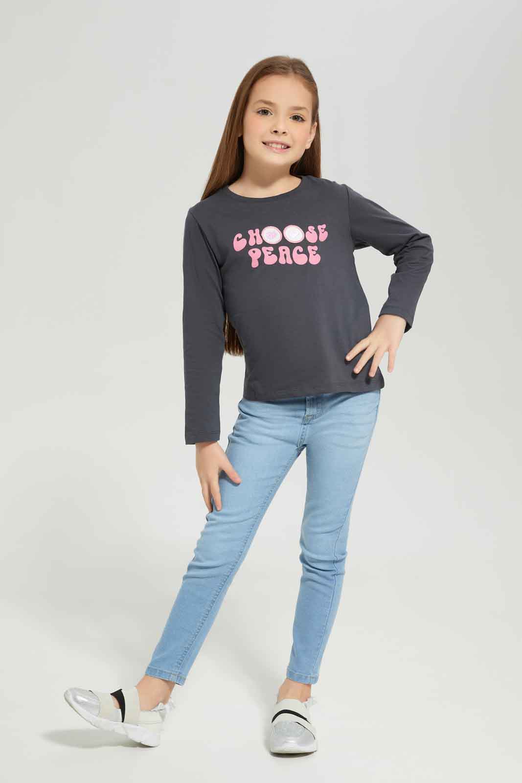 Redtag-Charcoal-Ls-Basic-Tee-Peace-Category:T-Shirts,-Colour:Charcoal,-Deals:New-In,-Dept:Girls,-Filter:Girls-(2-to-8-Yrs),-GIR-T-Shirts,-New-In-GIR-APL,-Non-Sale,-Section:Girls-(0-to-14Yrs),-TBL,-W22B-Girls-2 to 8 Years