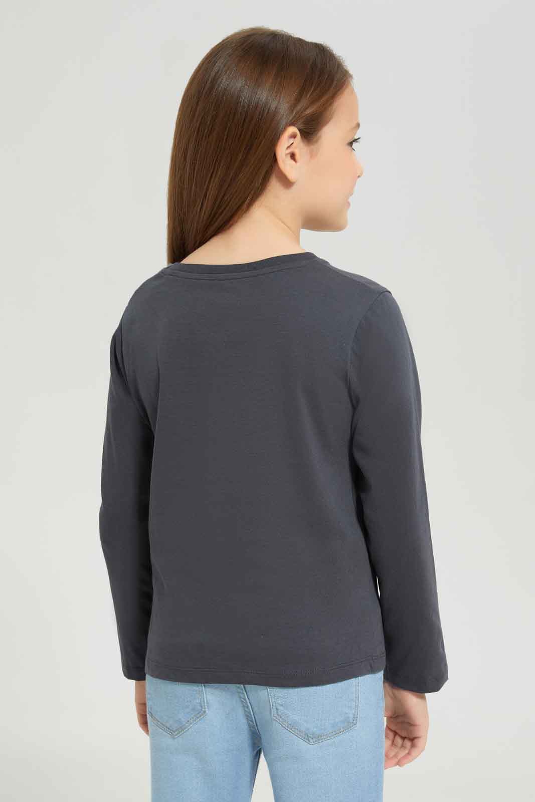 Redtag-Charcoal-Ls-Basic-Tee-Peace-Category:T-Shirts,-Colour:Charcoal,-Deals:New-In,-Dept:Girls,-Filter:Girls-(2-to-8-Yrs),-GIR-T-Shirts,-New-In-GIR-APL,-Non-Sale,-Section:Girls-(0-to-14Yrs),-TBL,-W22B-Girls-2 to 8 Years